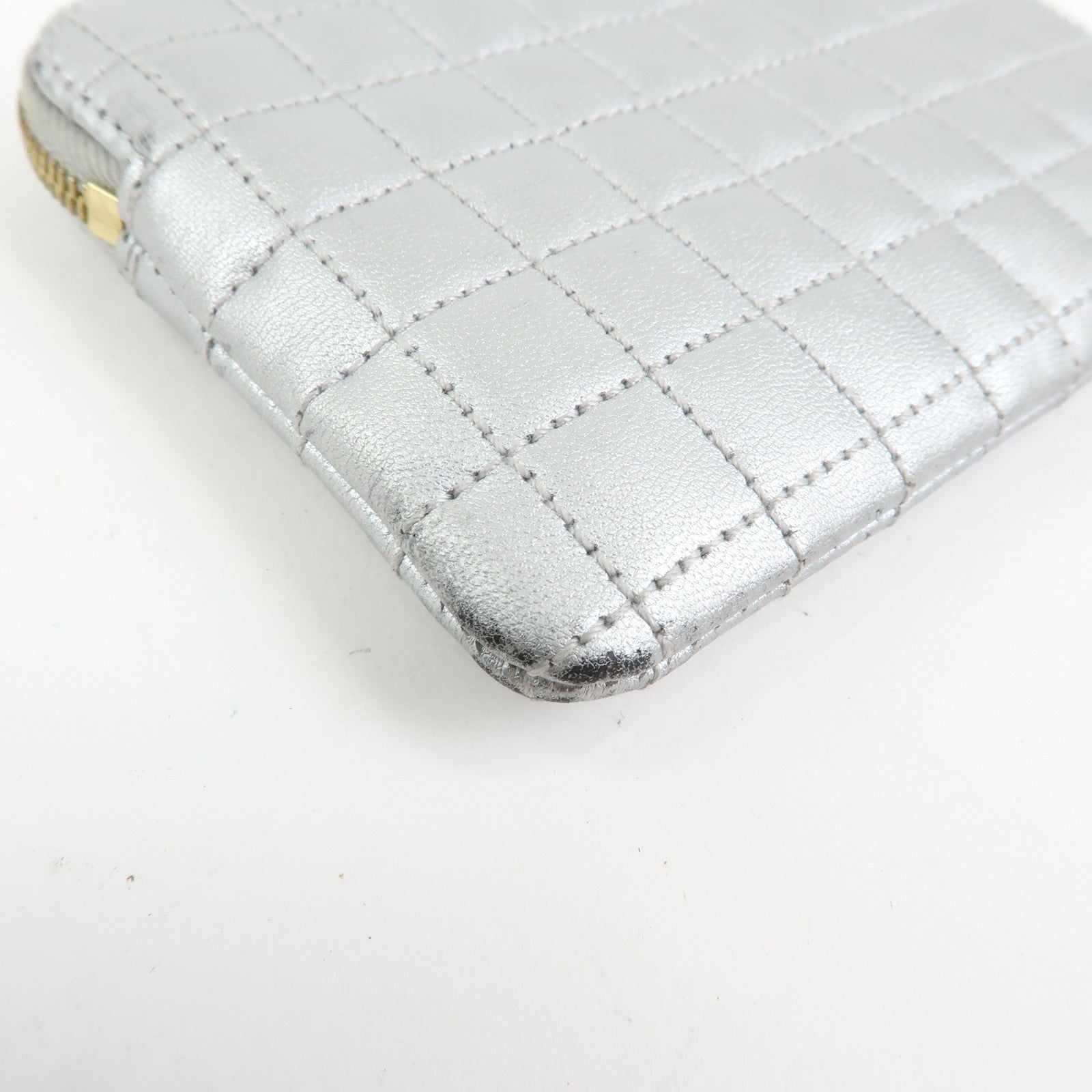 CELINE Leather C Charm Coin Case Coin Purse Metallic Silver