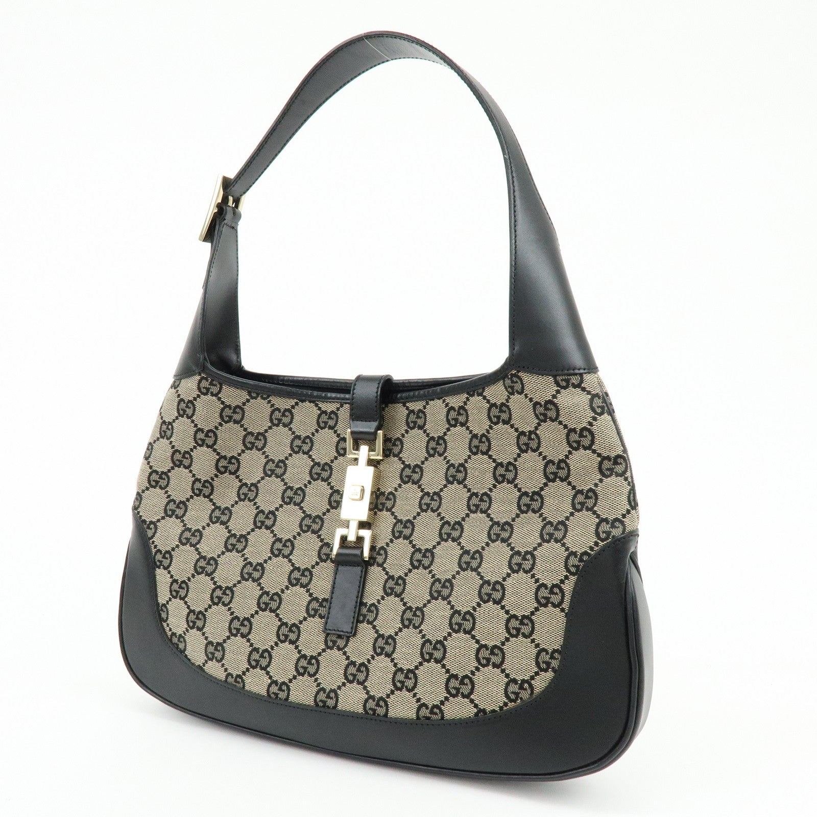 GUCCI Jackie GG Canvas Leather Shoulder Hand Bag Beige Black 001・3306