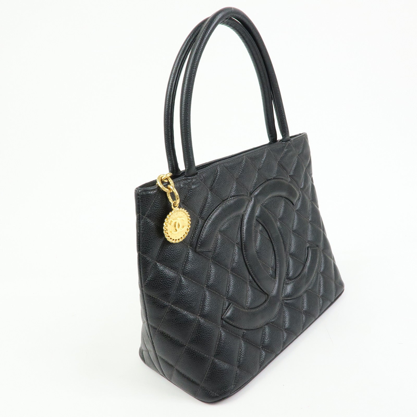 CHANEL Matelasse COCO Mark CaviarSkin Medallion Tote Bag Black A01804