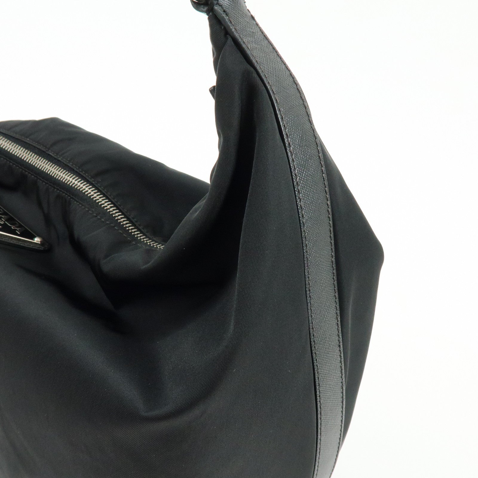 PRADA Triangle Logo Nylon Saffiano Leather Shoulder Bag Black BR3291