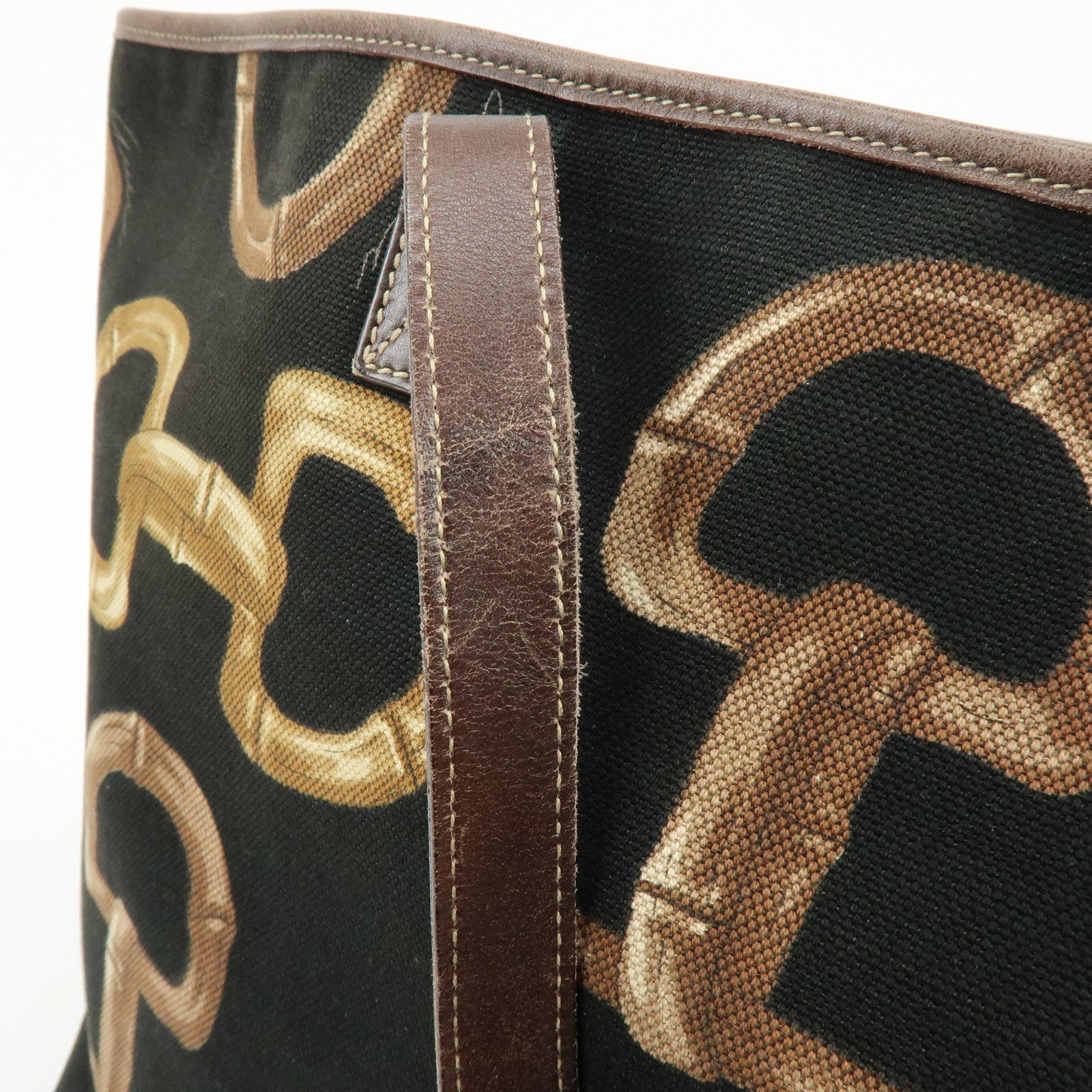 GUCCI Horsebit Interlocking G Canvas Leather Tote Bag Black 154402