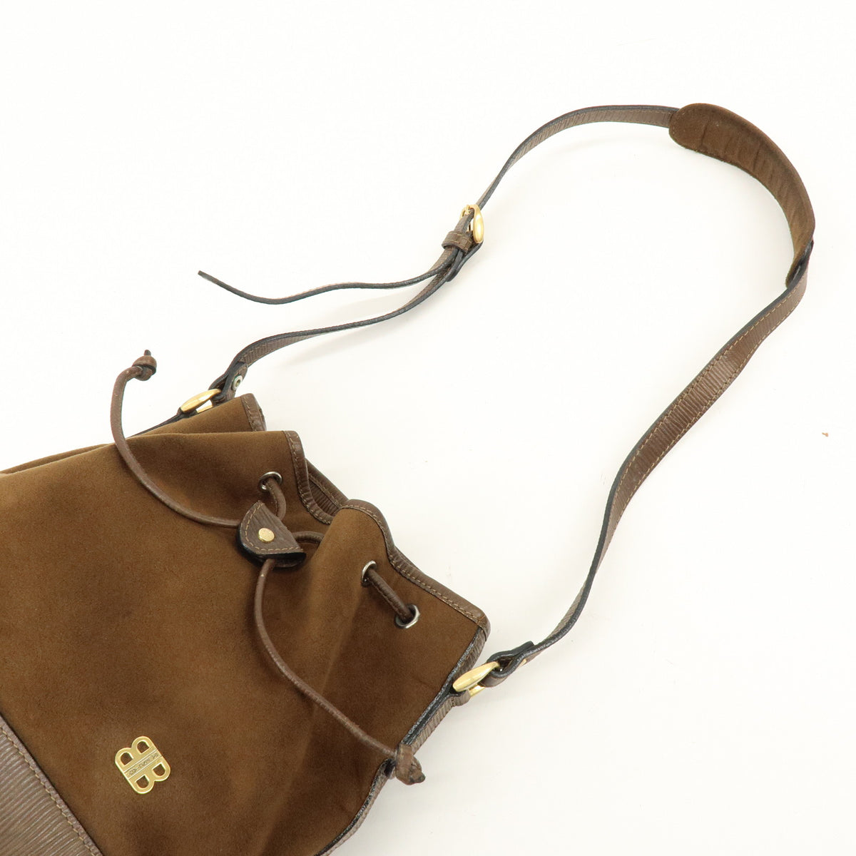 BALENCIAGA BB Logo Suede Leather Shoulder Bag Bucket Bag Brown