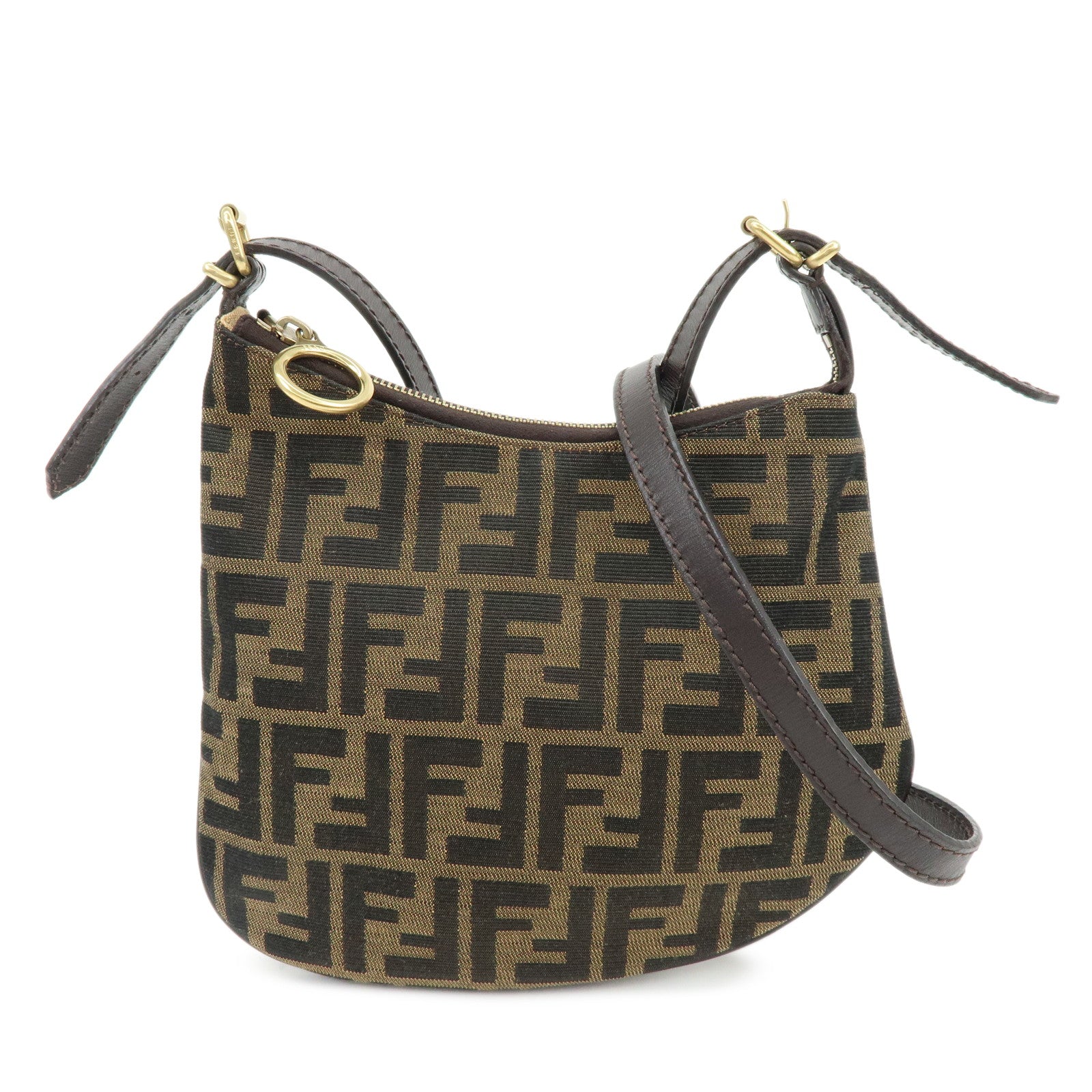 FENDI Zucca Canvas Leather Shoulder Bag Crossbody Bag Brown 8BR248