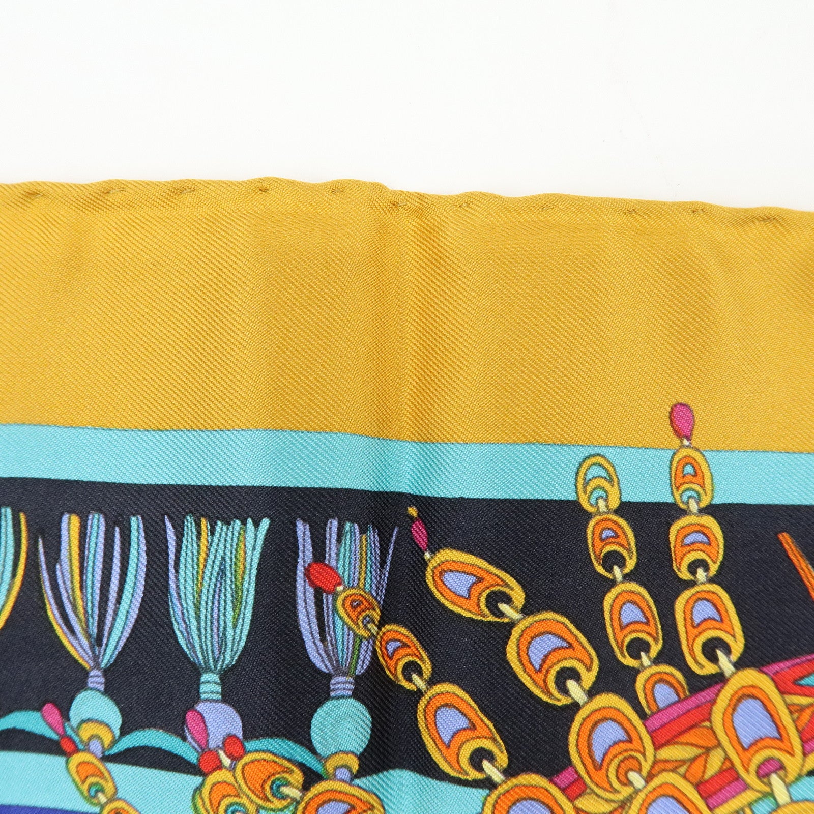 GUCCI Silk 100% Scarf Tassel Motif Black Yellow Multicolor
