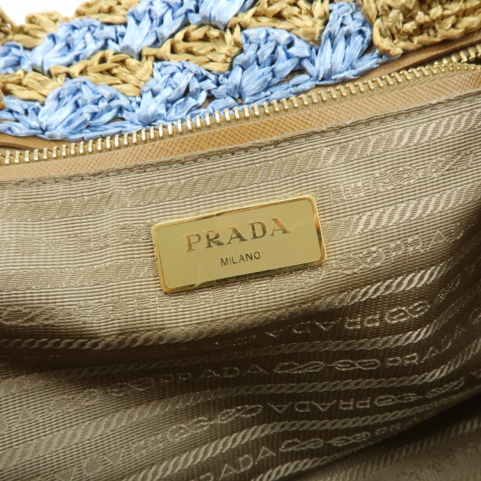 PRADA Traingle Logo Canapa Raffia Tote Bag Hand Bag Natural Blue