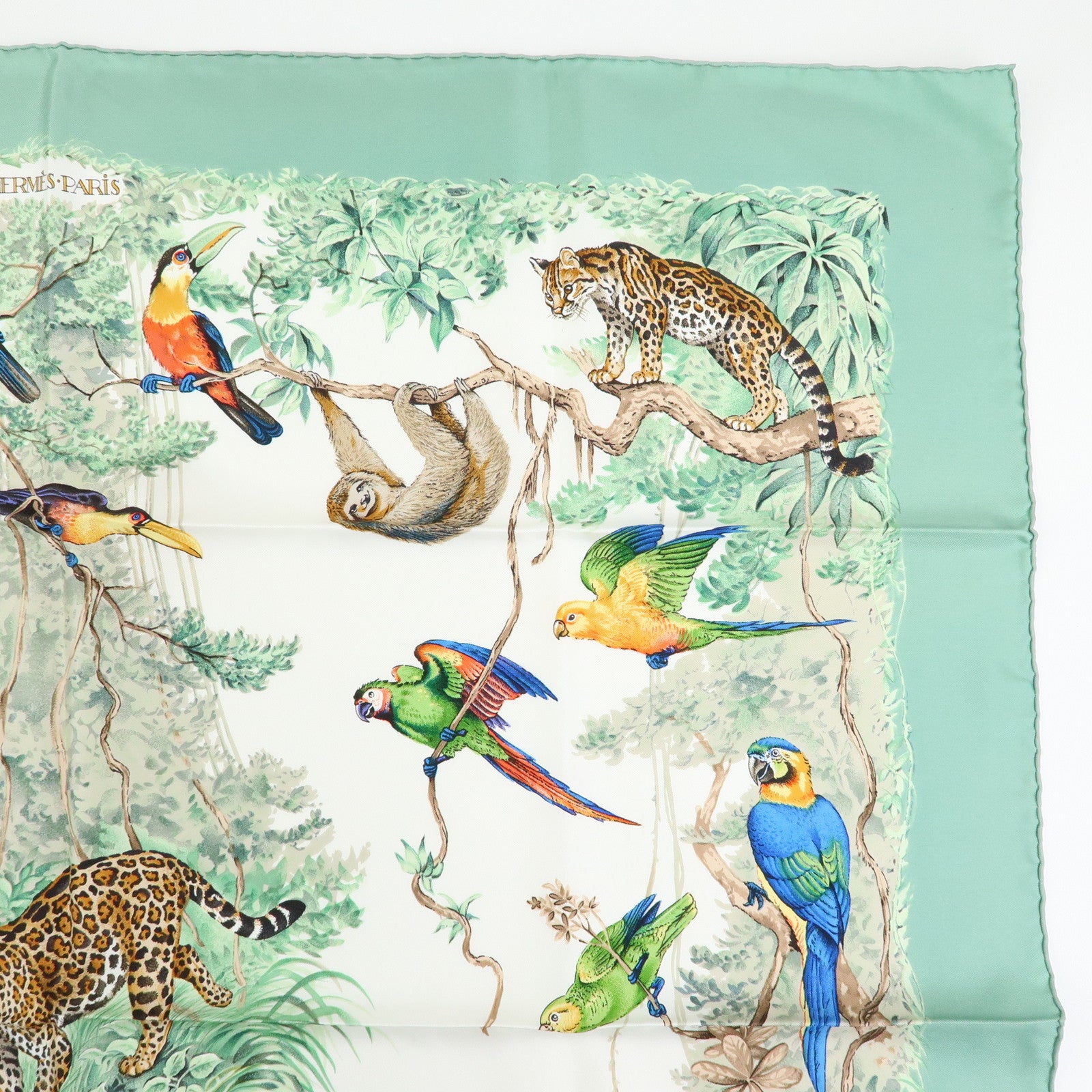 HERMES Carre 90 Silk 100% Scarf EQUATEUR Light Green Brown White