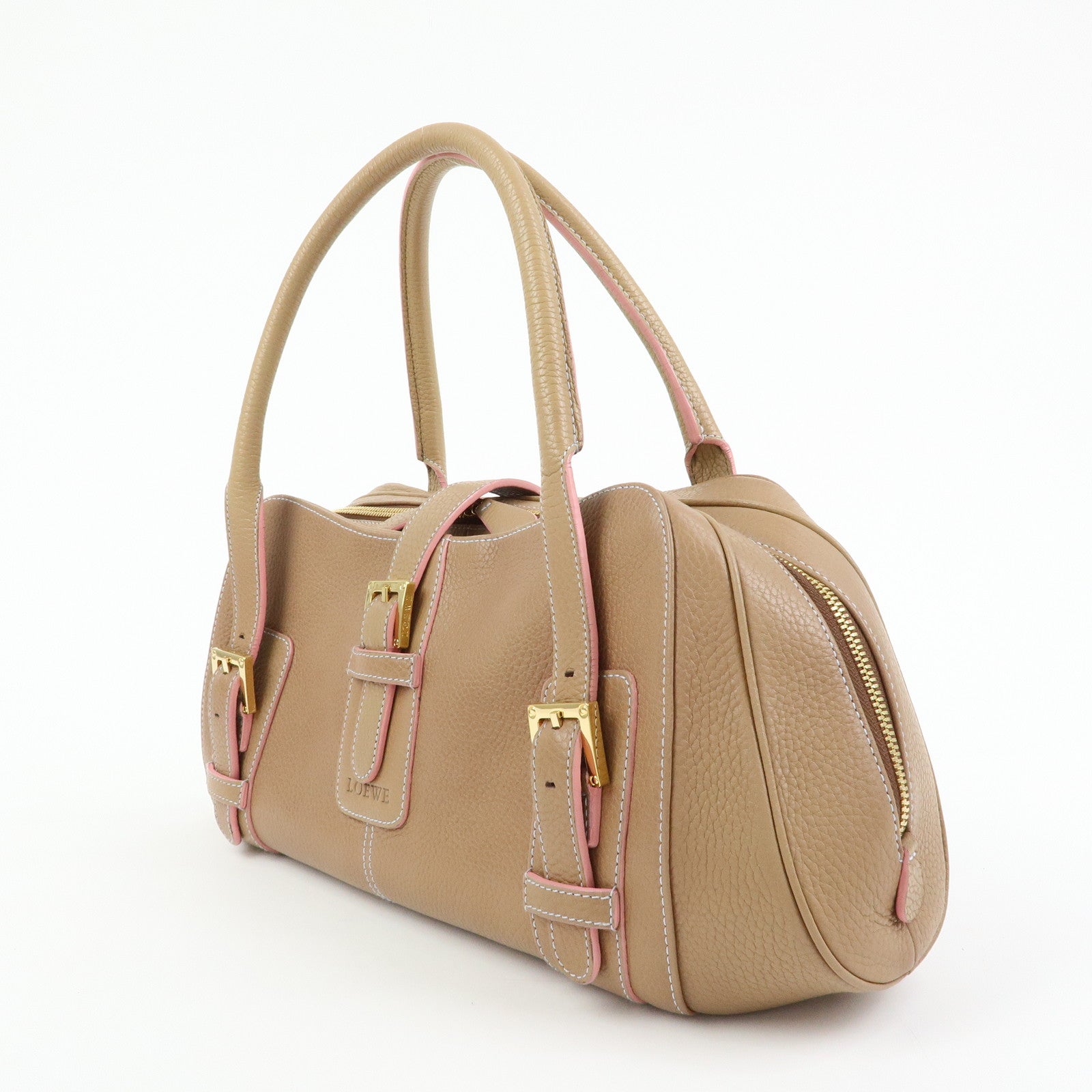 LOEWE Senda Stitches Leather Hand Bag Boston Bag Beige