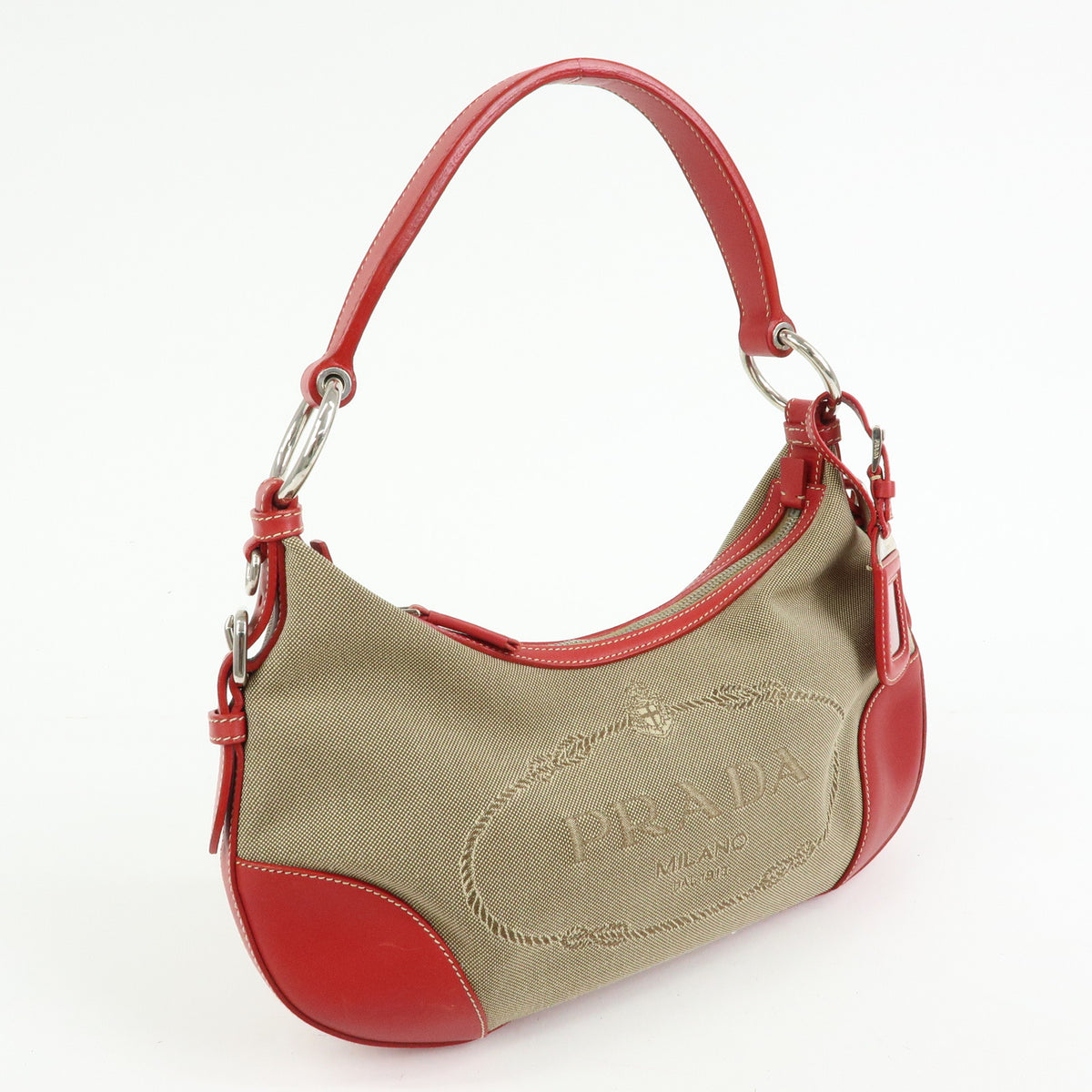 PRADA Logo Jacquard Leather Shoulder Bag Hand Bag Beige Red BR3429