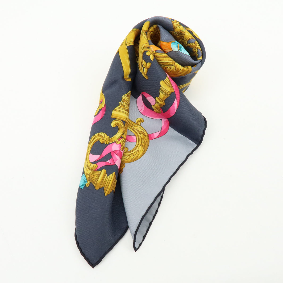 HERMES Carre 70 Silk 100% Scarf FERRONNERIE Gray Gold Pink