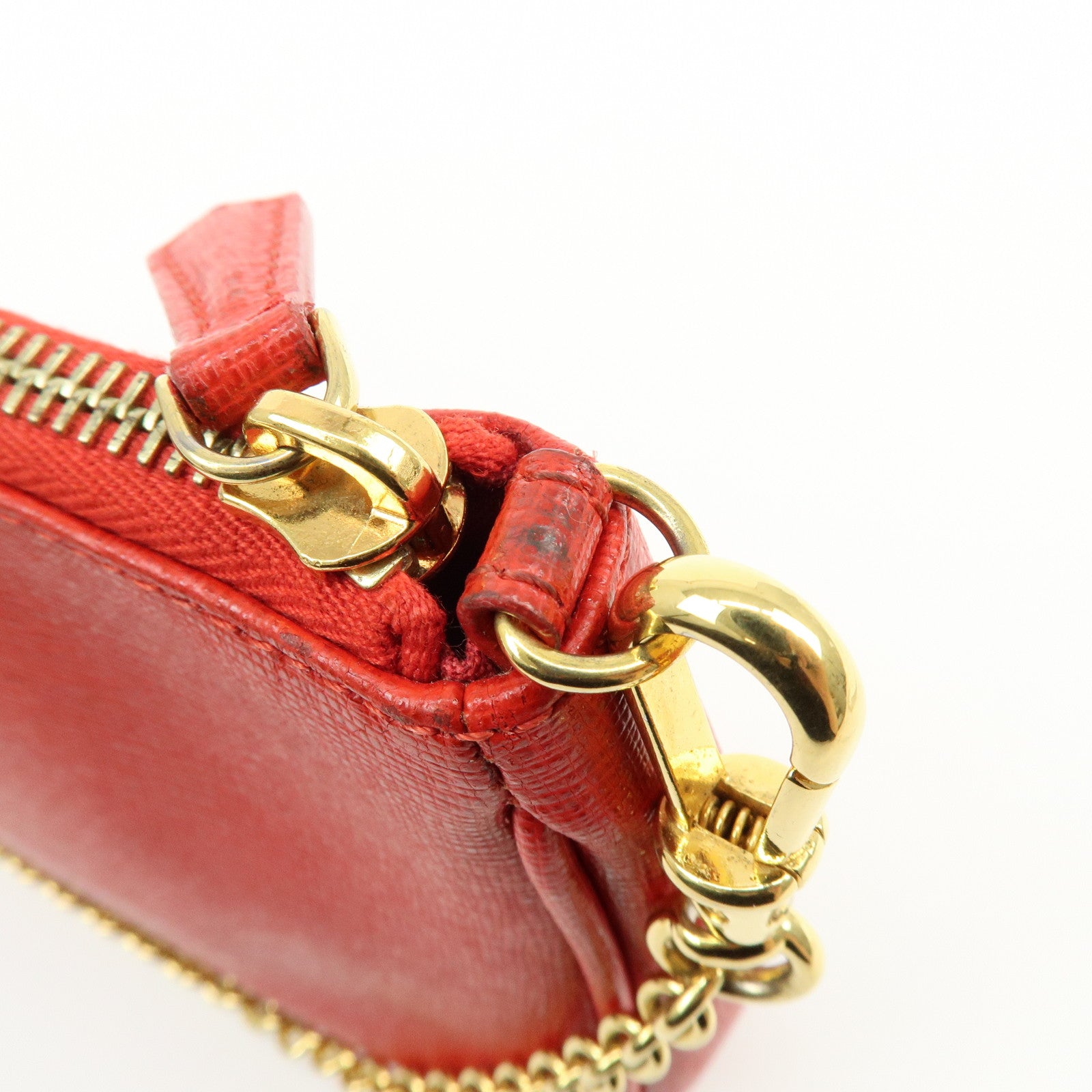 FENDI Embossed Leather Chain Accessary Pouch Hand Bag Red 8M0271