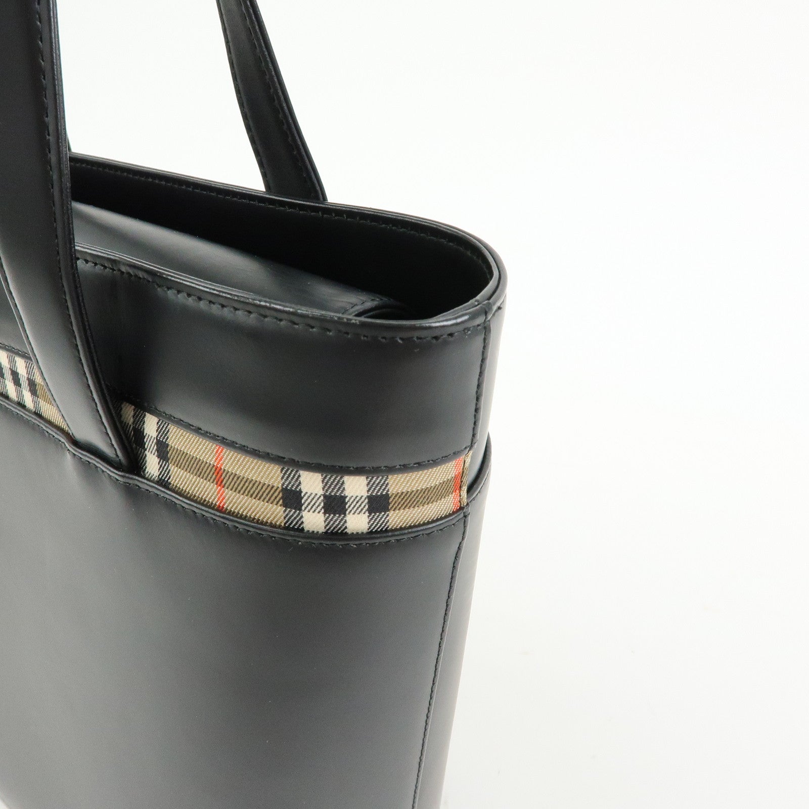BURBERRY Nova Plaid Leather Canvas Tote Bag Hand Bag Black