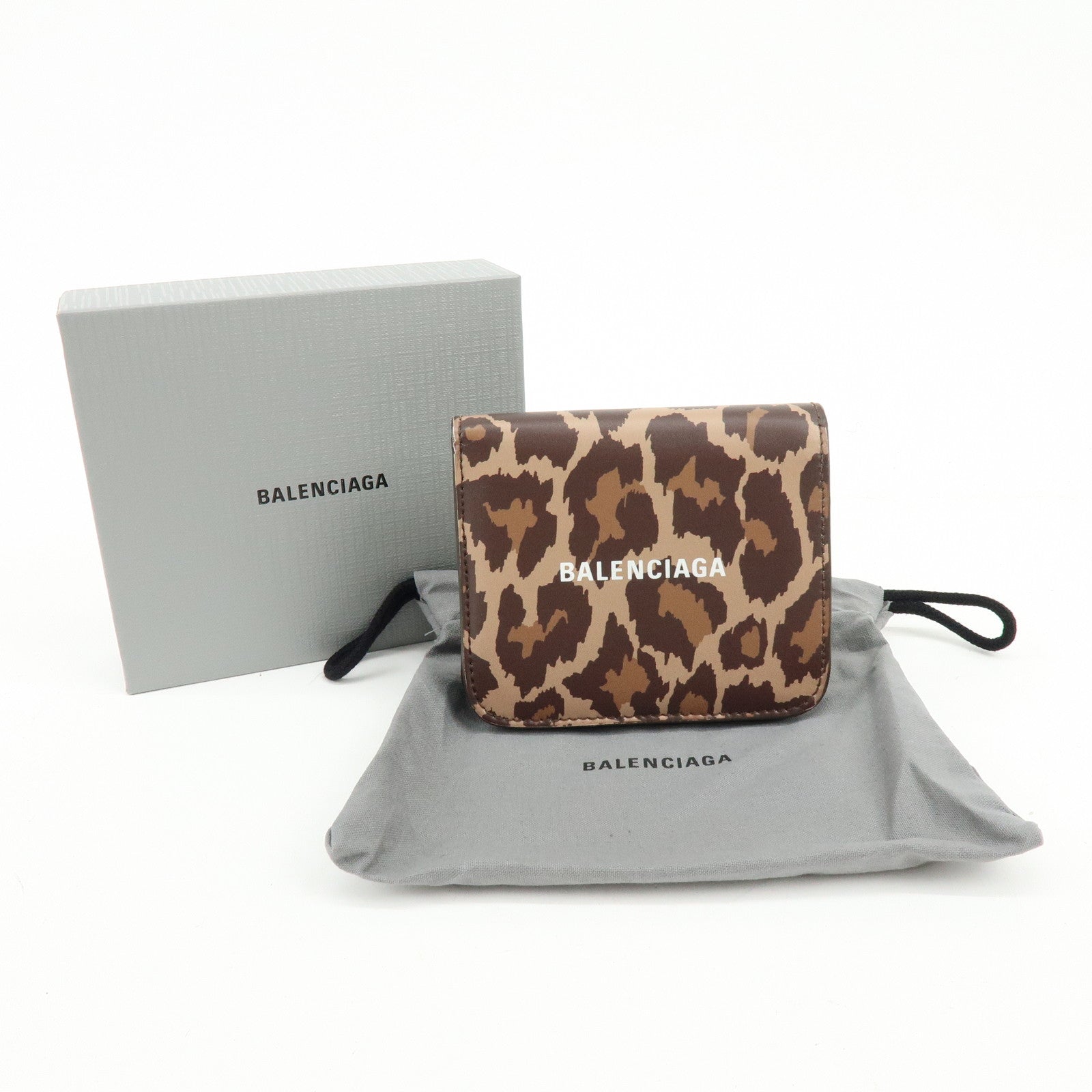 Balenciaga Leather Bi-Fold Compact Wallet Leopard Motif Brown