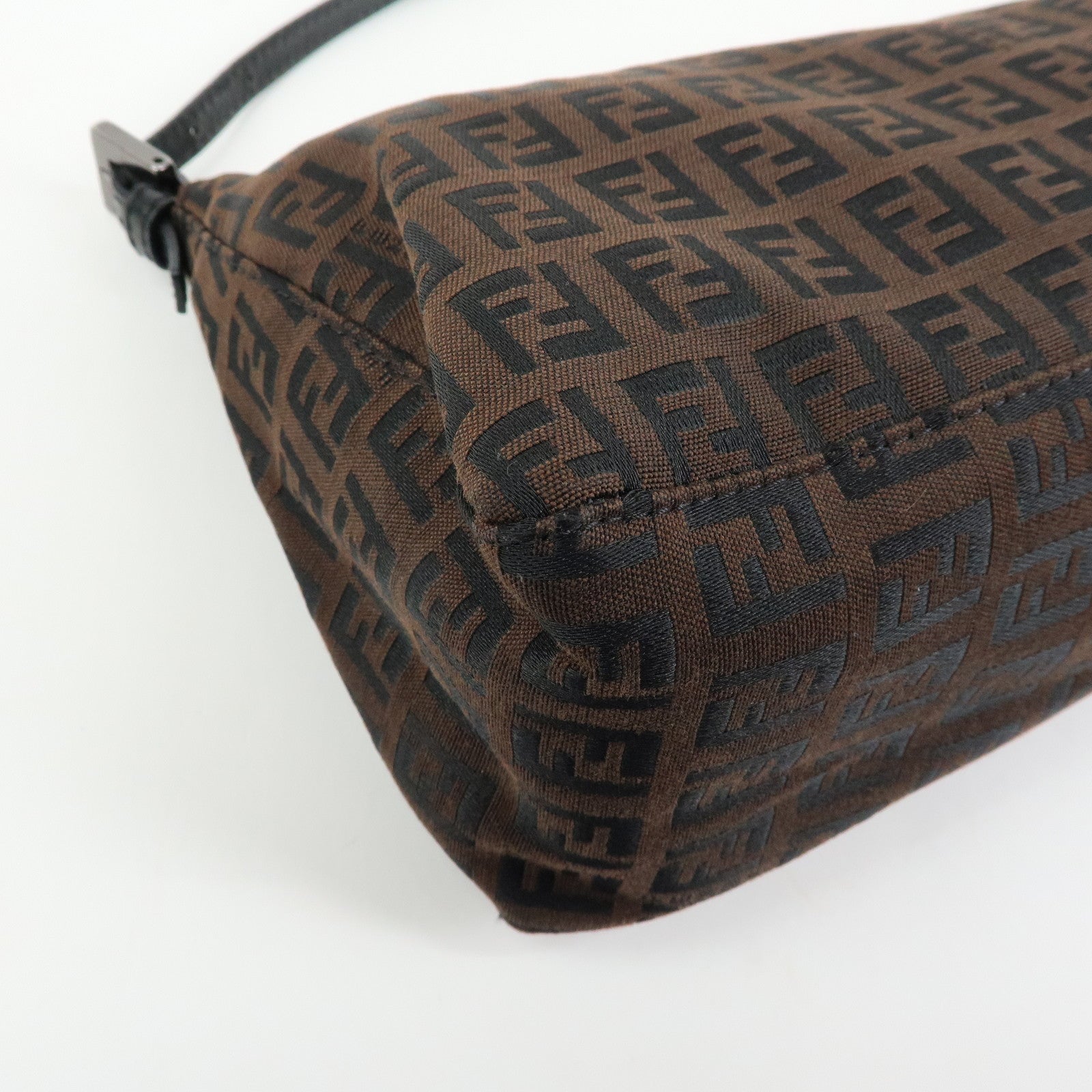 FENDI Zucchino Canvas Leather Shoulder Bag Brown Black 8BR267