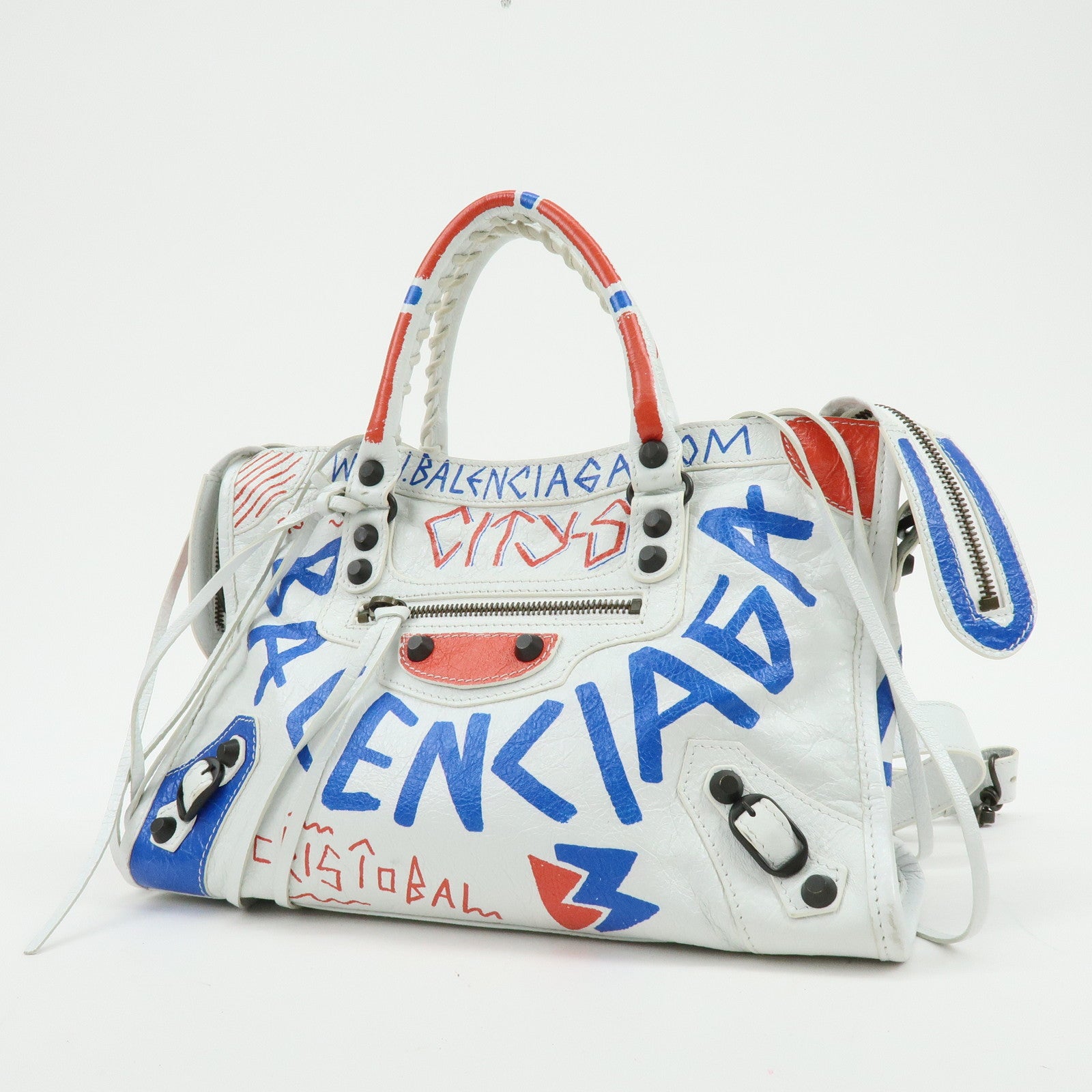 BALENCIAGA City Graphiti Classic Leather 2Way Bag Hand Bag White 431621