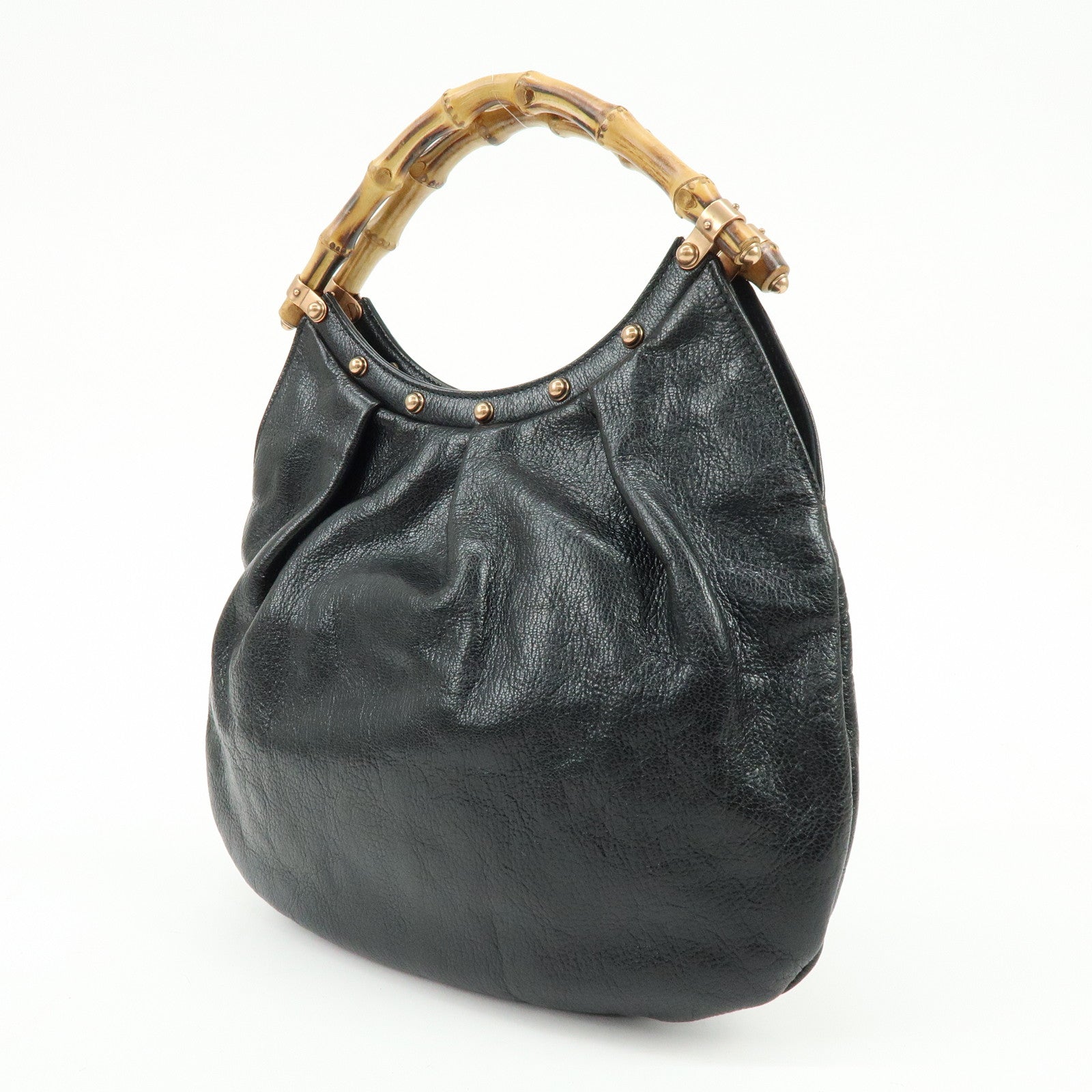 GUCCI Bamboo Leather Studs Hand Bag Tote Bag Black