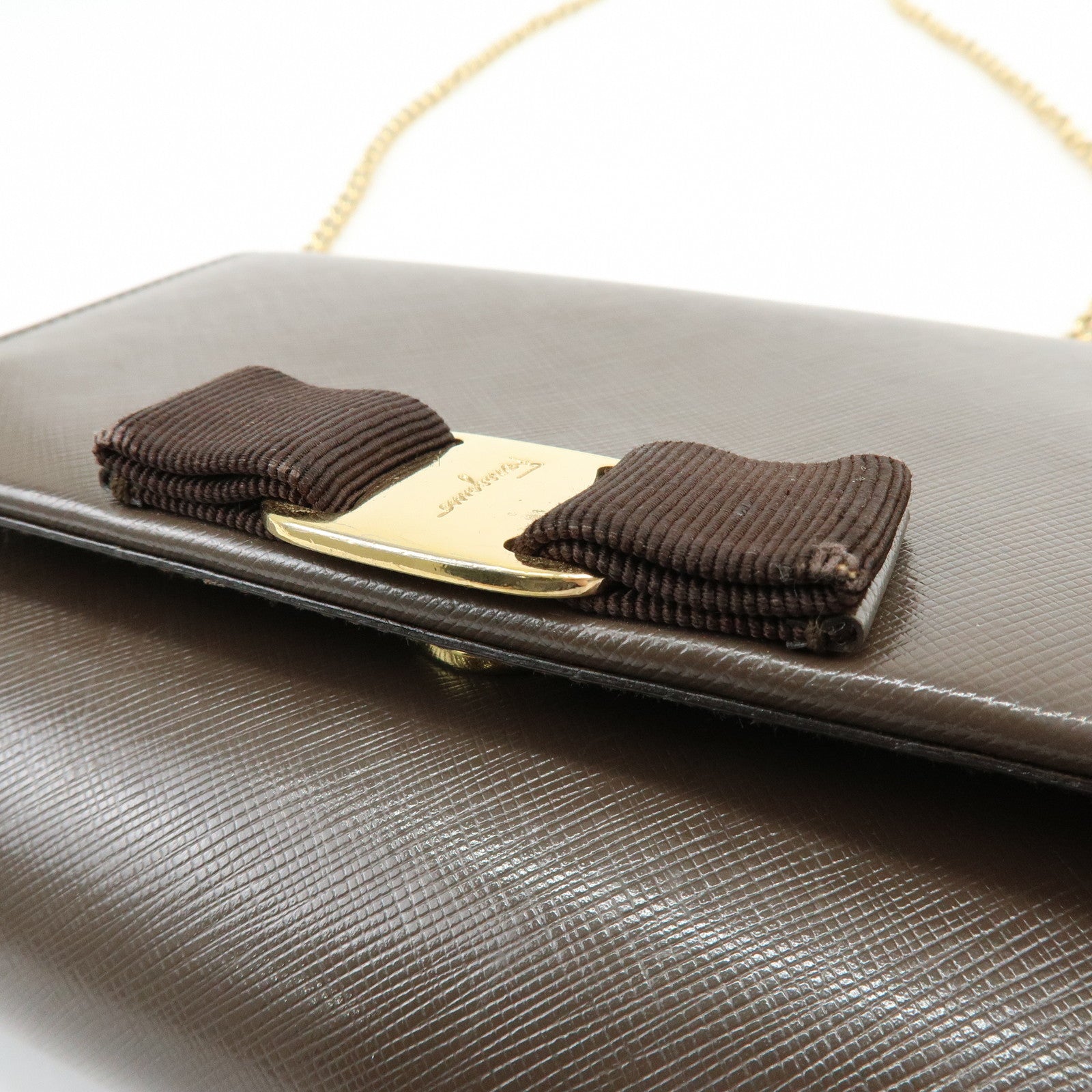 Ferragamo Vara Ribbon Embossed Leather Chain Shoulder Bag Brown