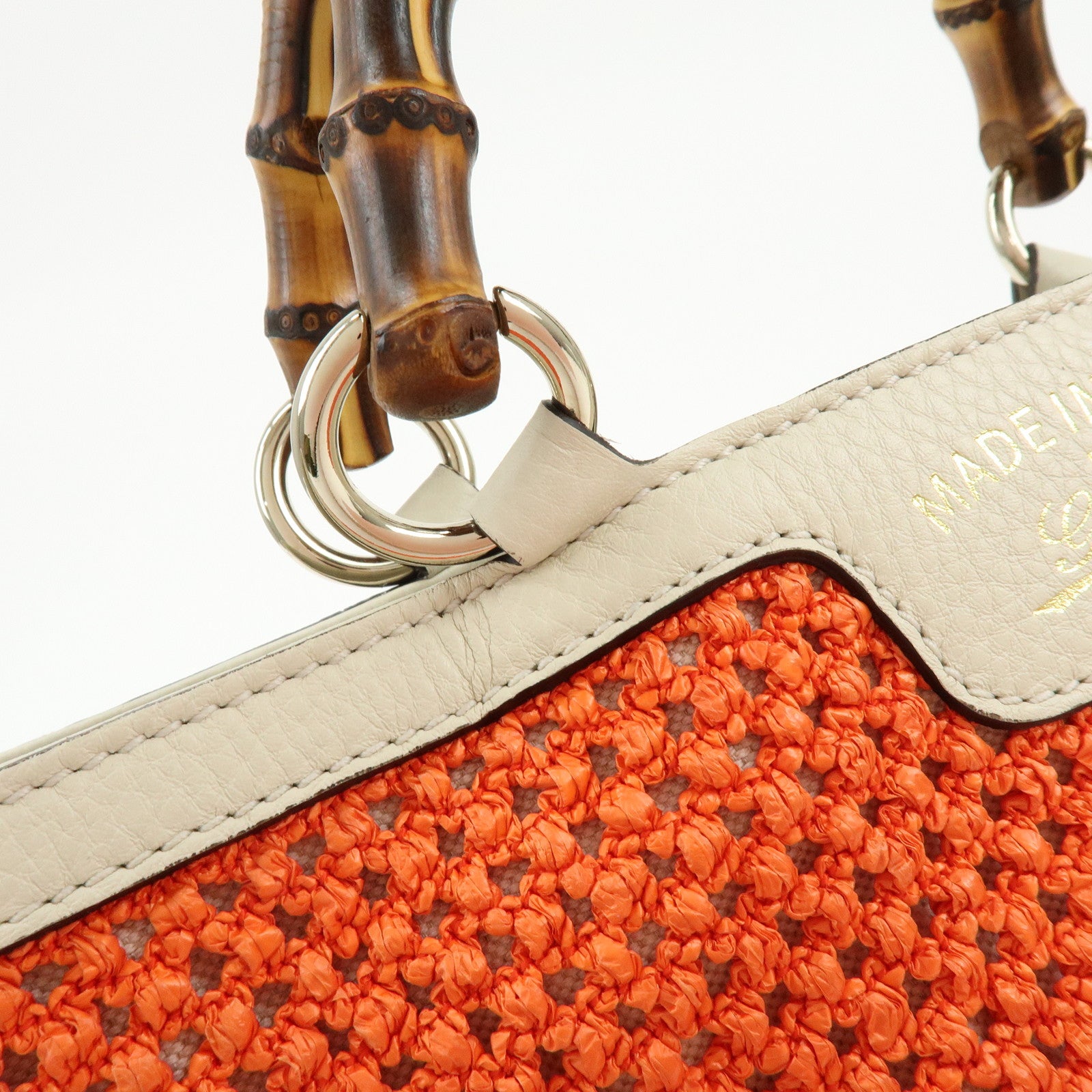 GUCCI Bamboo Raffia Leather Tote Bag Hand Bag Orange White 338965