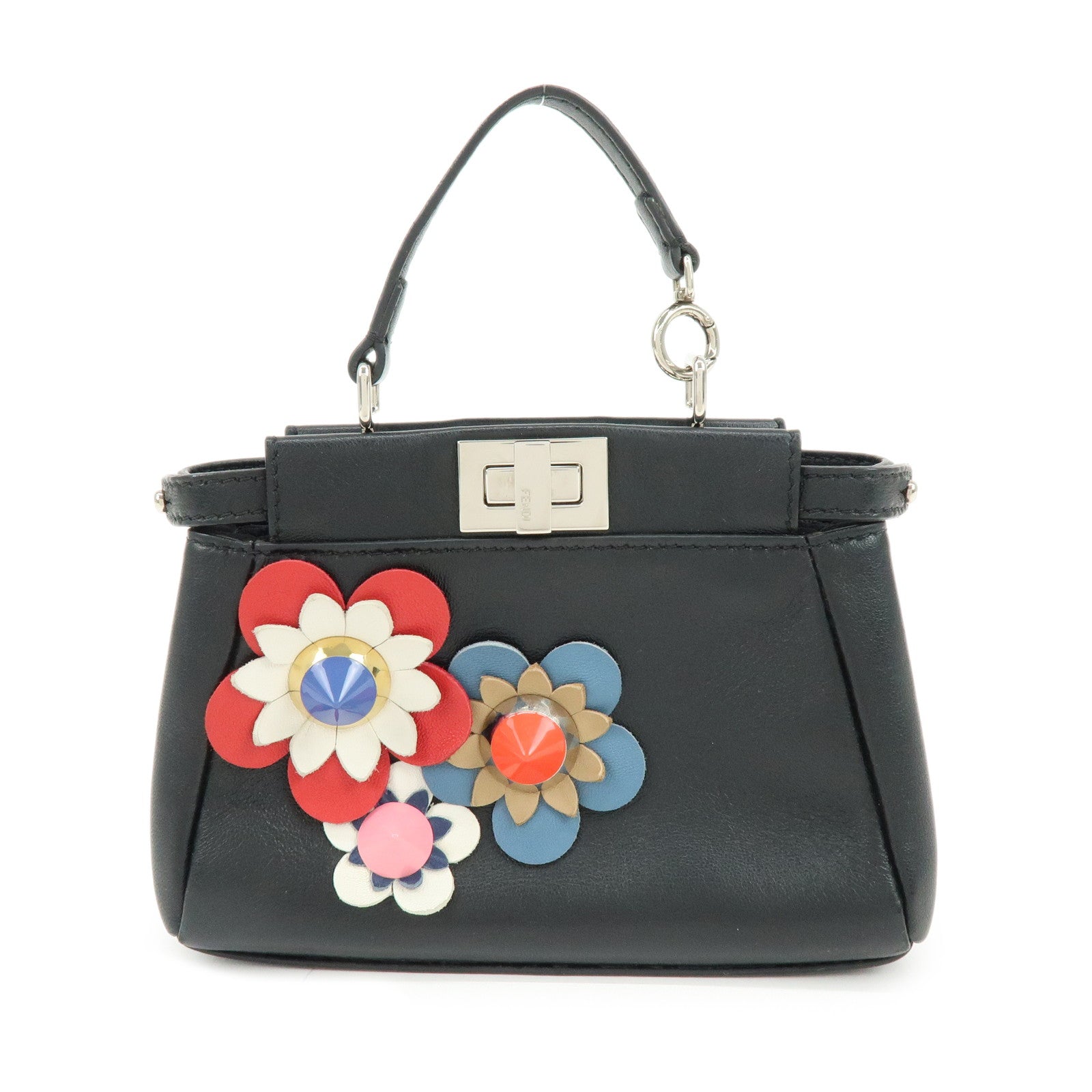 FENDI Micro Peekaboo Leather Flower Motif 2Way Hand Bag Black 8M0355