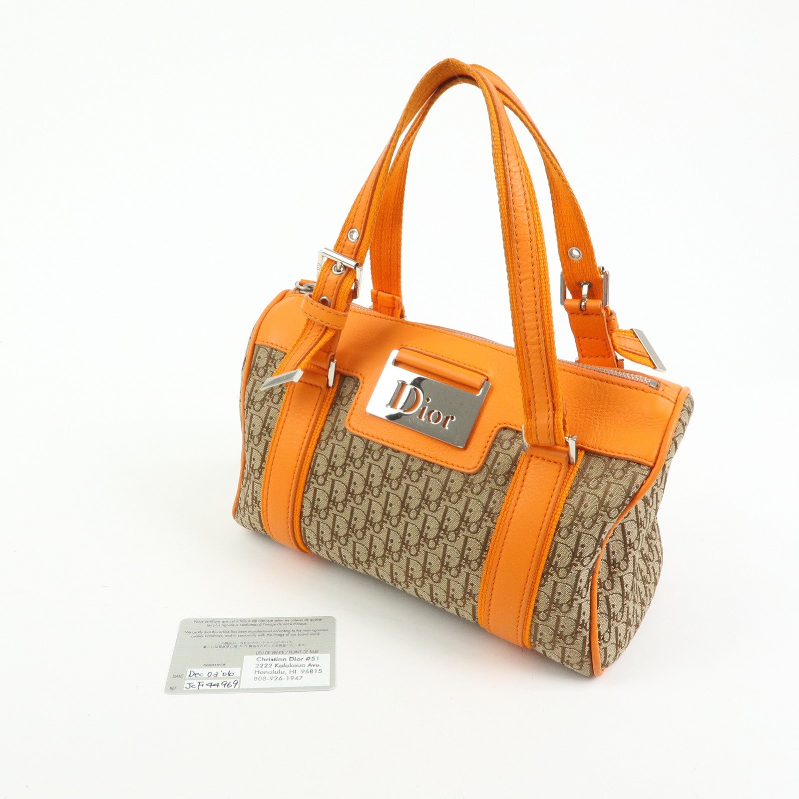 Christian Dior Trotter Jacquard Canvas Leather Hand Bag Beige Orange