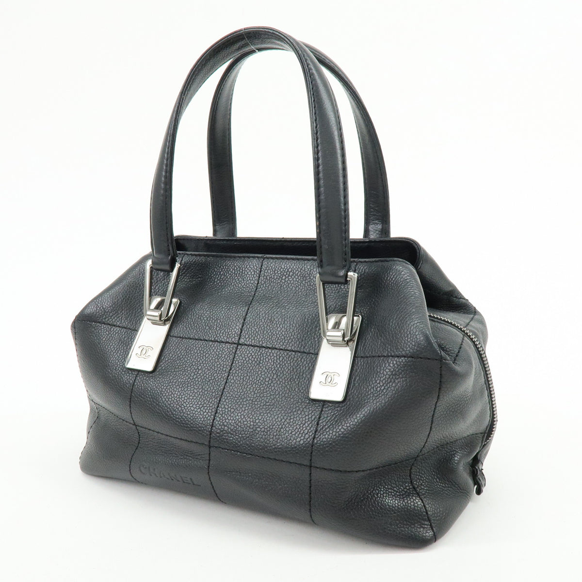 CHANEL Chocolate Bar COCO Mark Caviarskin Hand Bag Mini Boston Bag