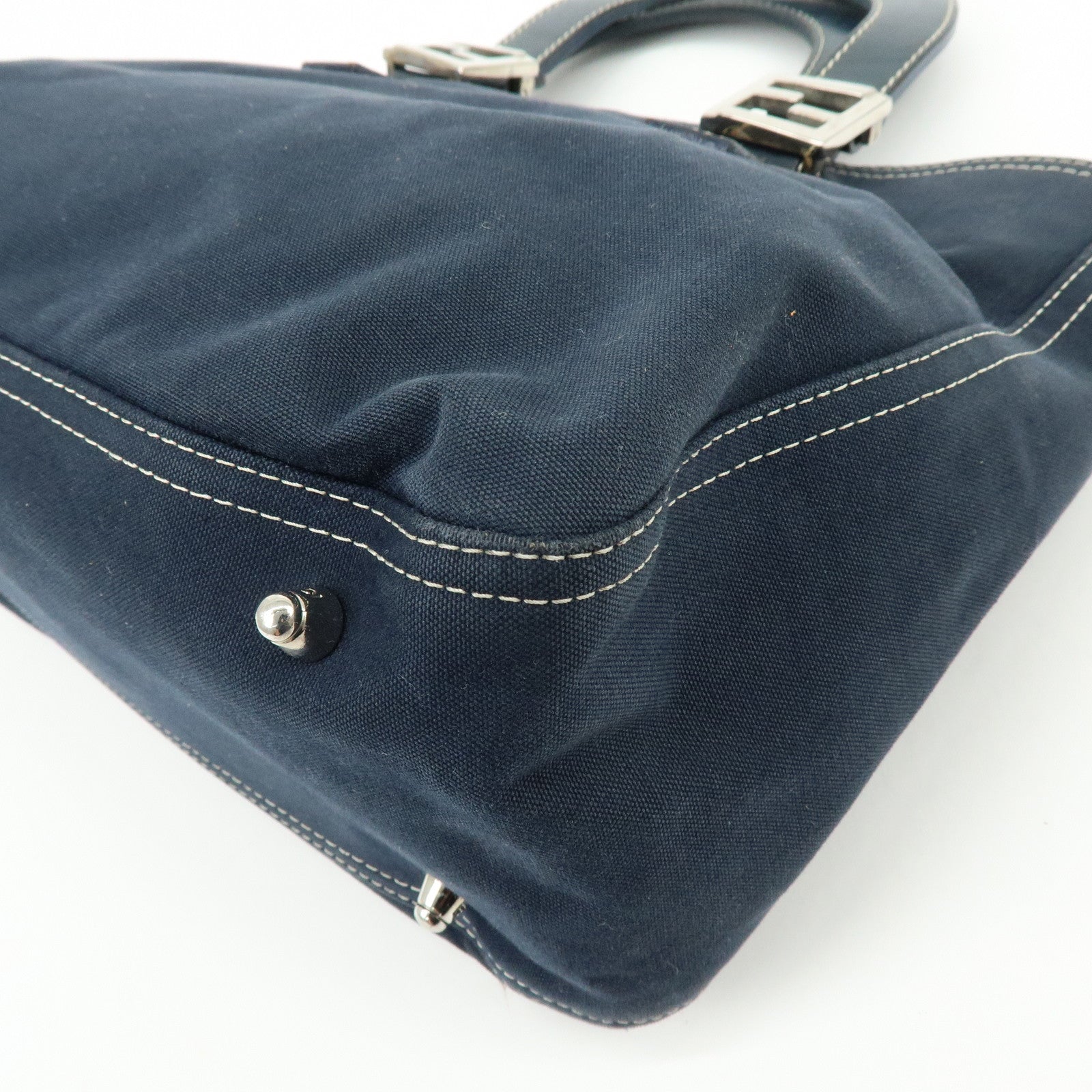 FENDI Canvas Leather Tote Bag Hand Bag White Stitch Navy 26693