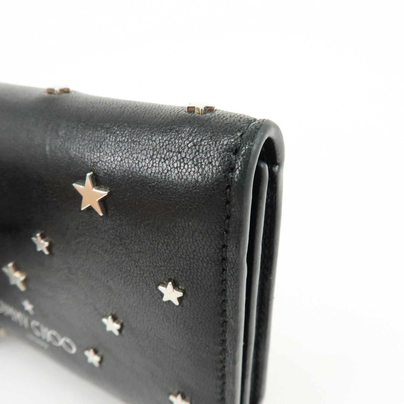 Jimmy Choo Leather Tri-fold Chain Wallet Studs Stars Black