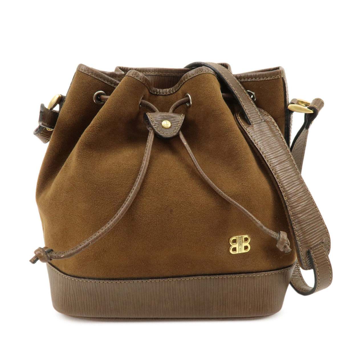 BALENCIAGA BB Logo Suede Leather Shoulder Bag Bucket Bag Brown
