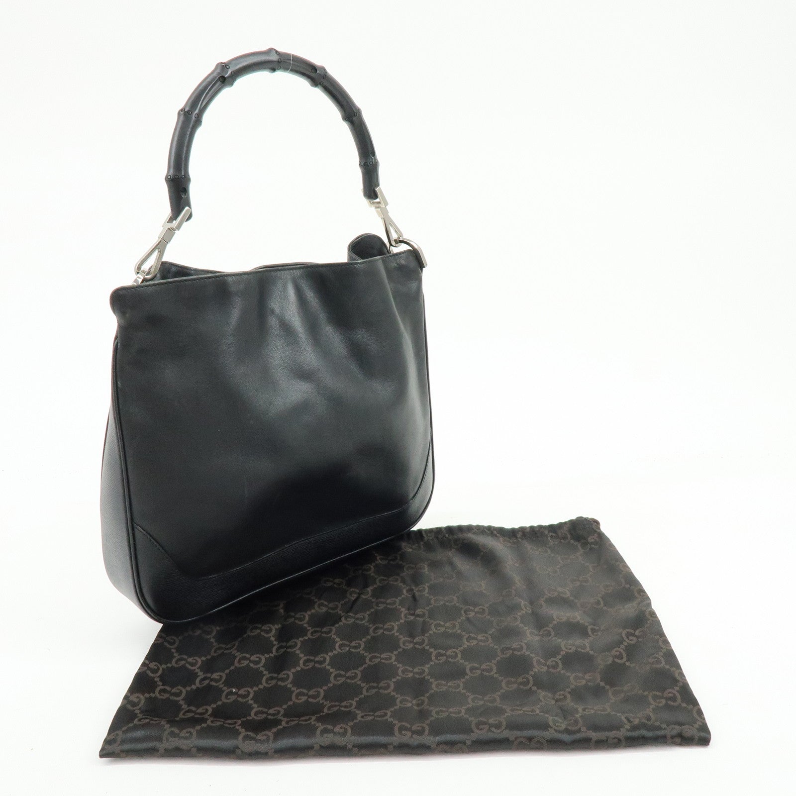 GUCCI Bamboo Leathe Hand Bag Shoulder Bag Black 001・4095