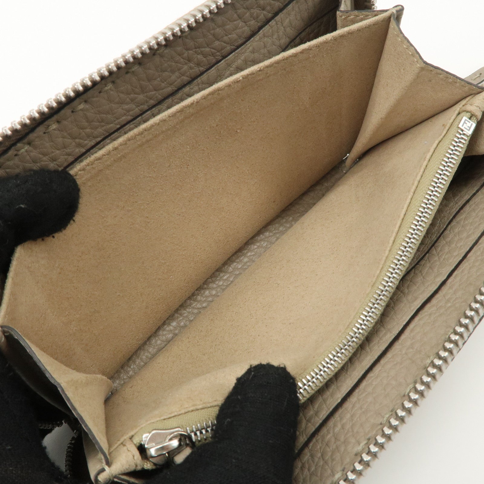 FENDI Selleria Leather Zip Around Long Wallet Greige 8M0374 Used