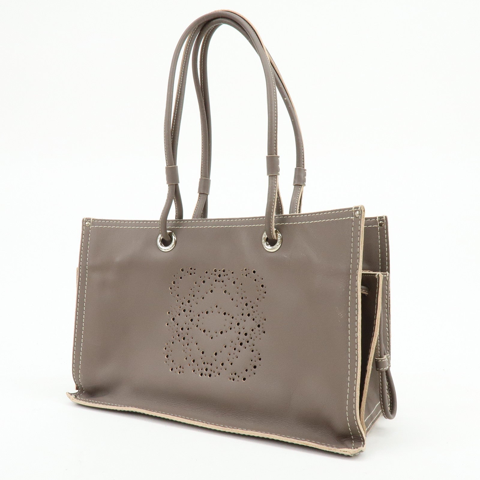 LOEWE Anagram Perforated Shopper Tote Bag Leather Shoulder Bag Brown