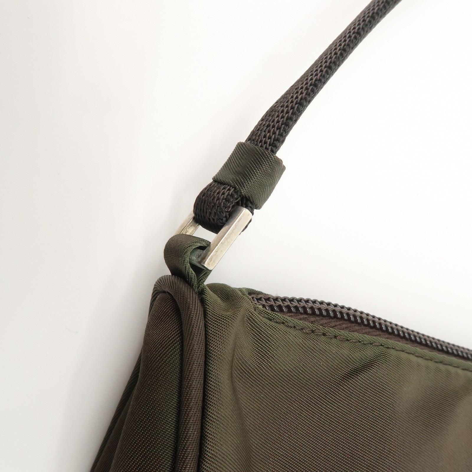 PRADA Triangle Logo Nylon Leather Accessory Pouch Hand Bag Khaki Silver HDW Used