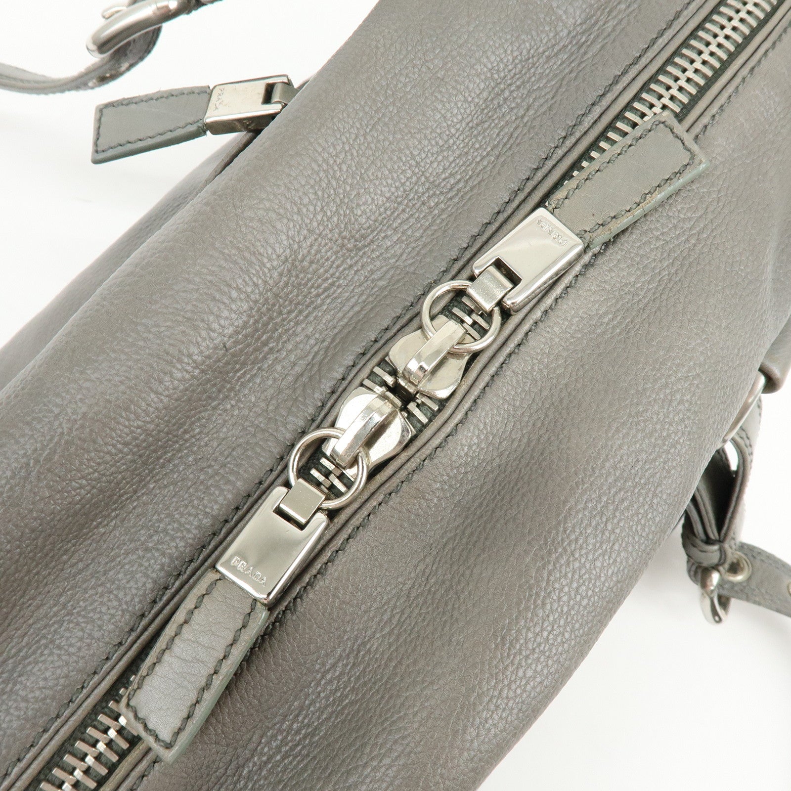 PRADA Triangle Logo Leather Boston Bag Shoulder Bag Gray BR2630