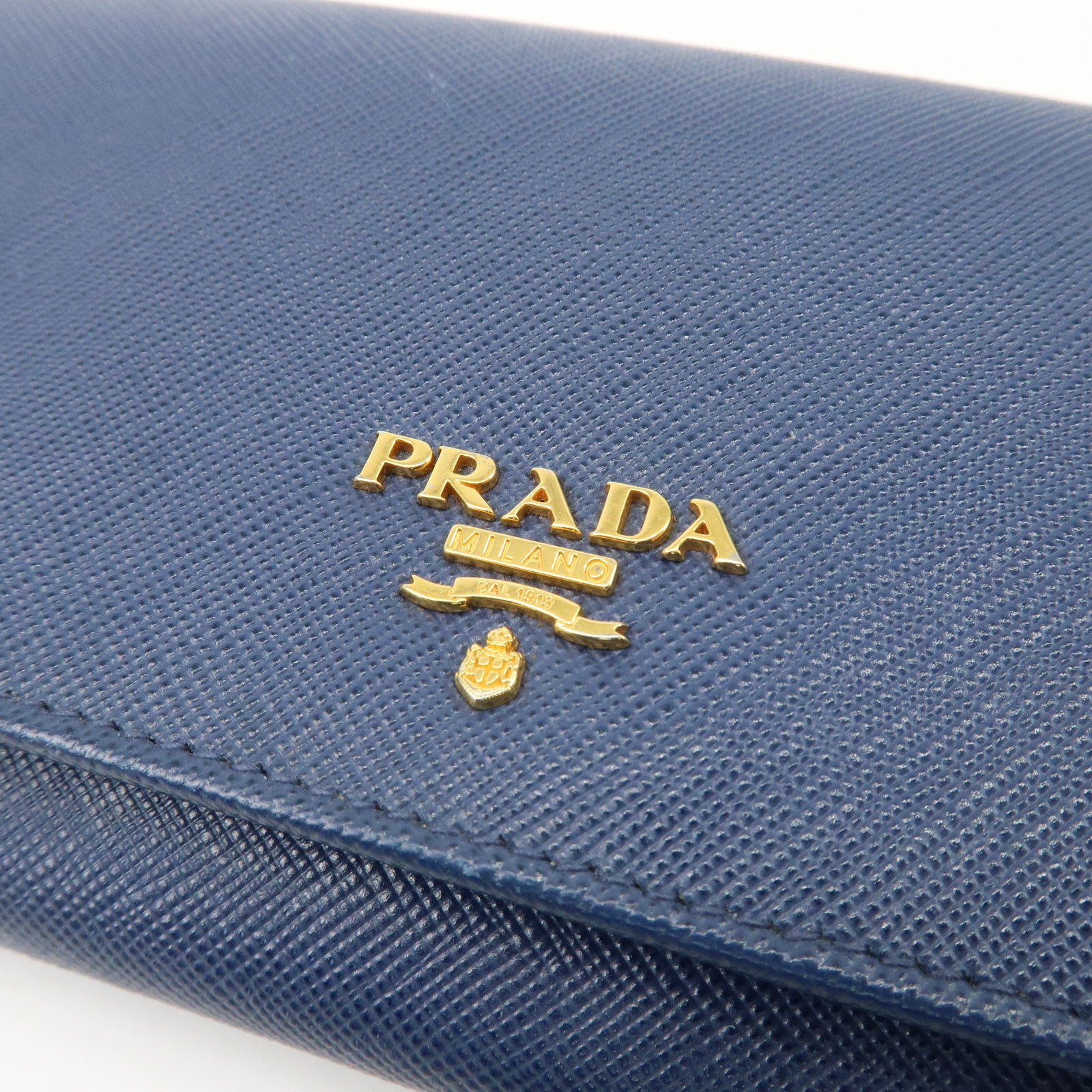 PRADA Logo Leather Chain Wallet WOC Blue Gold Hardware 1MT290 Used