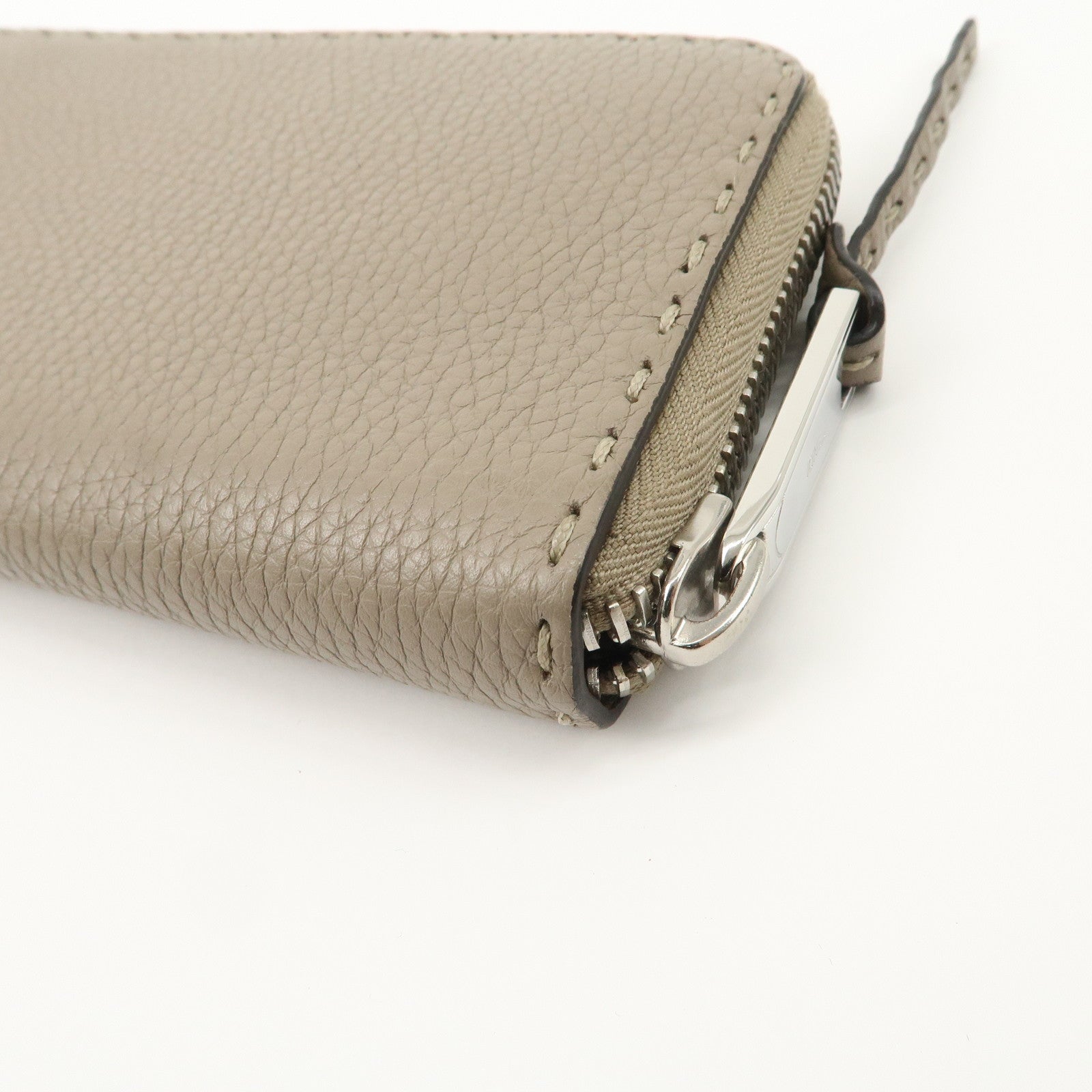 FENDI Selleria Leather Zip Around Long Wallet Greige 8M0374 Used