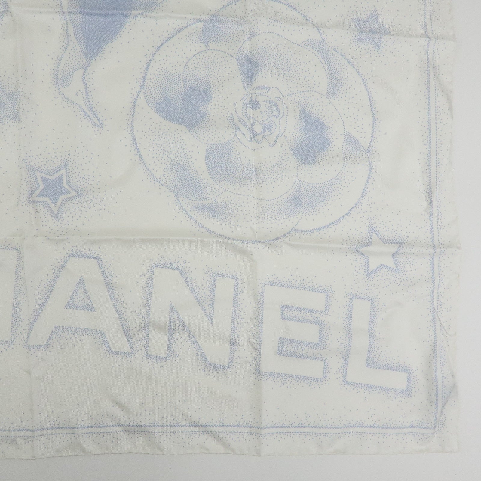 CHANEL Camelia COCO Mark Silk 100% Scarf Bear Penguin White Light Blue
