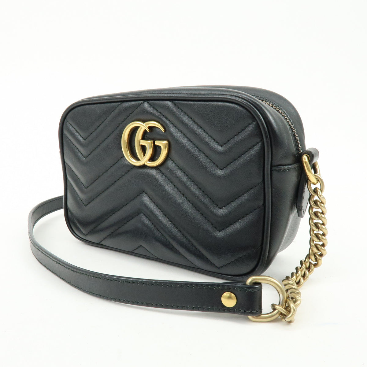GUCCI GG Marmont Leather Chevron Shoulder Crossbody Bag Black 448065