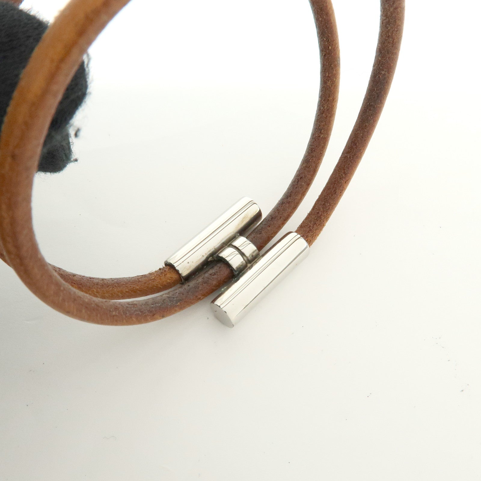 HERMES Leather Metal Tournis Tresse Bracelet Brown Silver