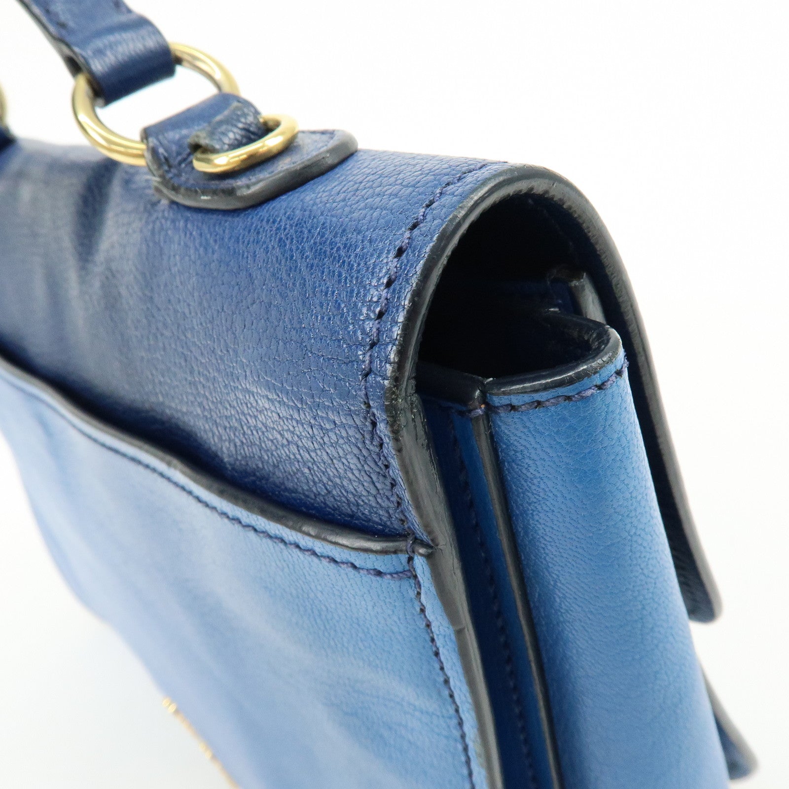 MIU MIU Logo Madras Leather Flap 2Way Bag Hand Bag Blue Navy