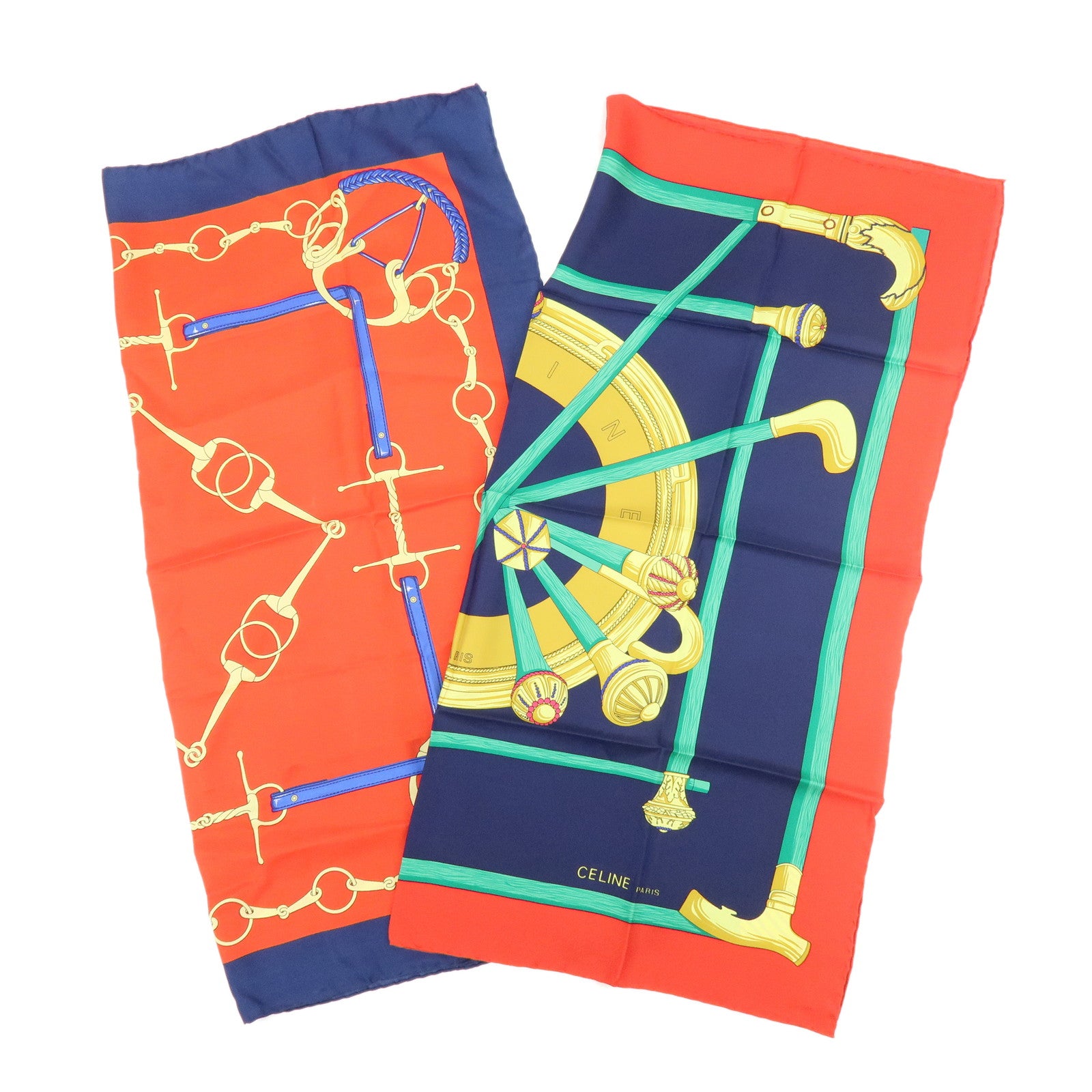 CELINE Set of 2 Silk 100% Scarf Stole Navy Red Gold