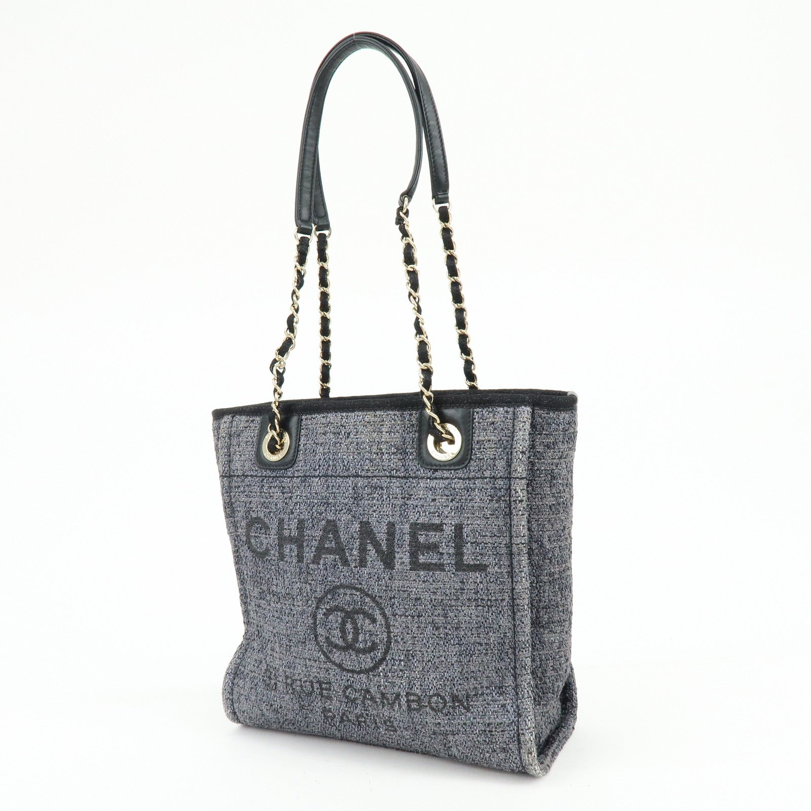 CHANEL Deauville PM Raffia Calf Leather Chain Tote Bag Black A66939