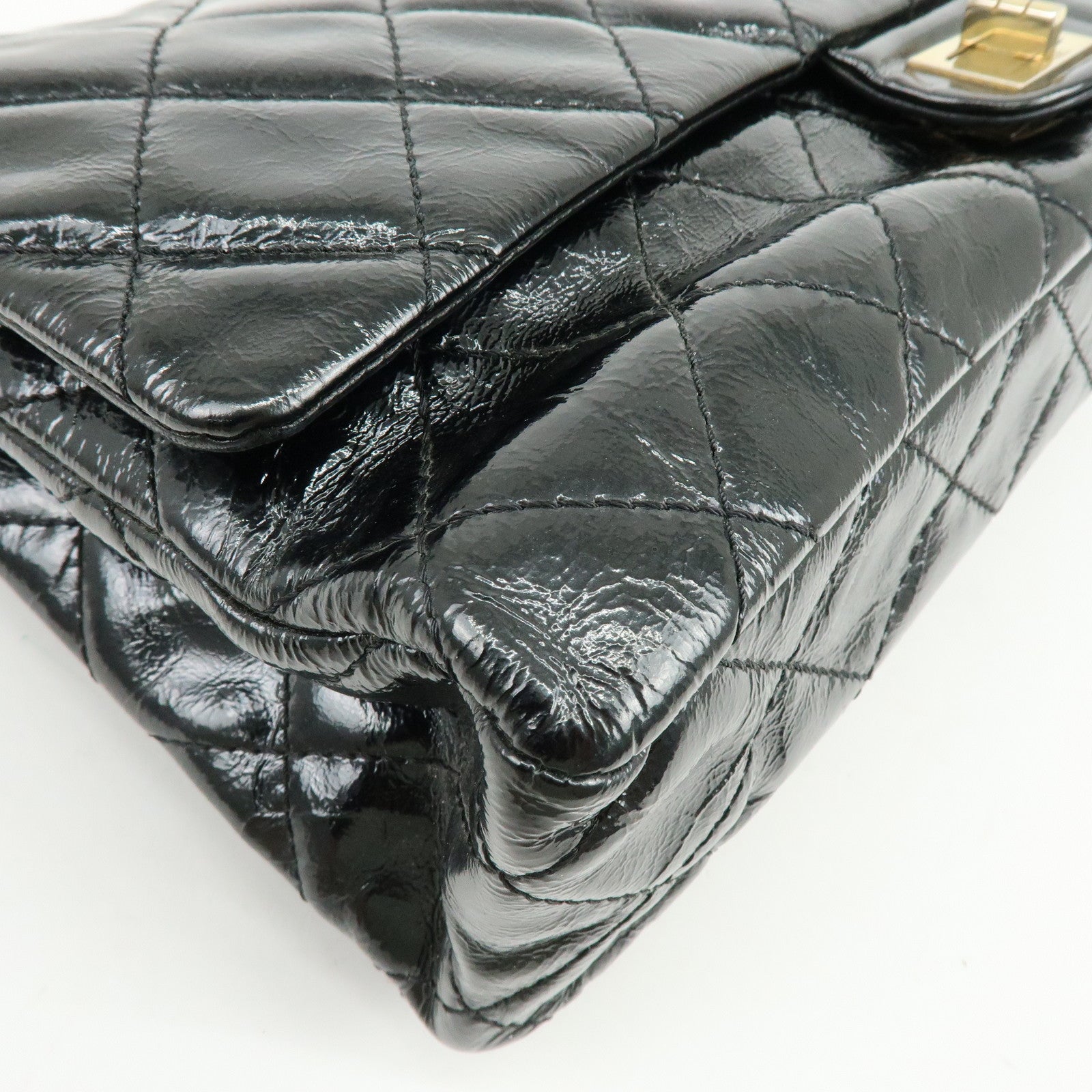 CHANEL 2.55 Patent Leather Chain Shoulder Bag Turn Lock Black