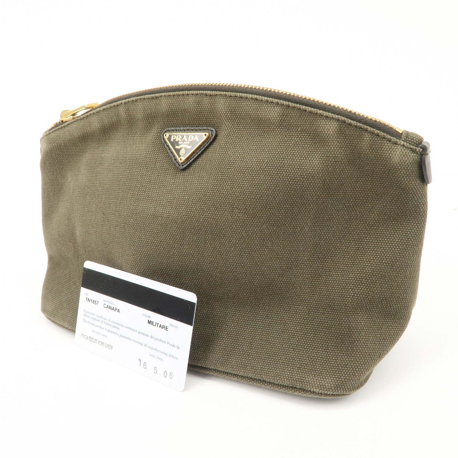 PRADA Triangle Logo Canvas Leather Cosmetic Pouch Khaki 1N1857 Used