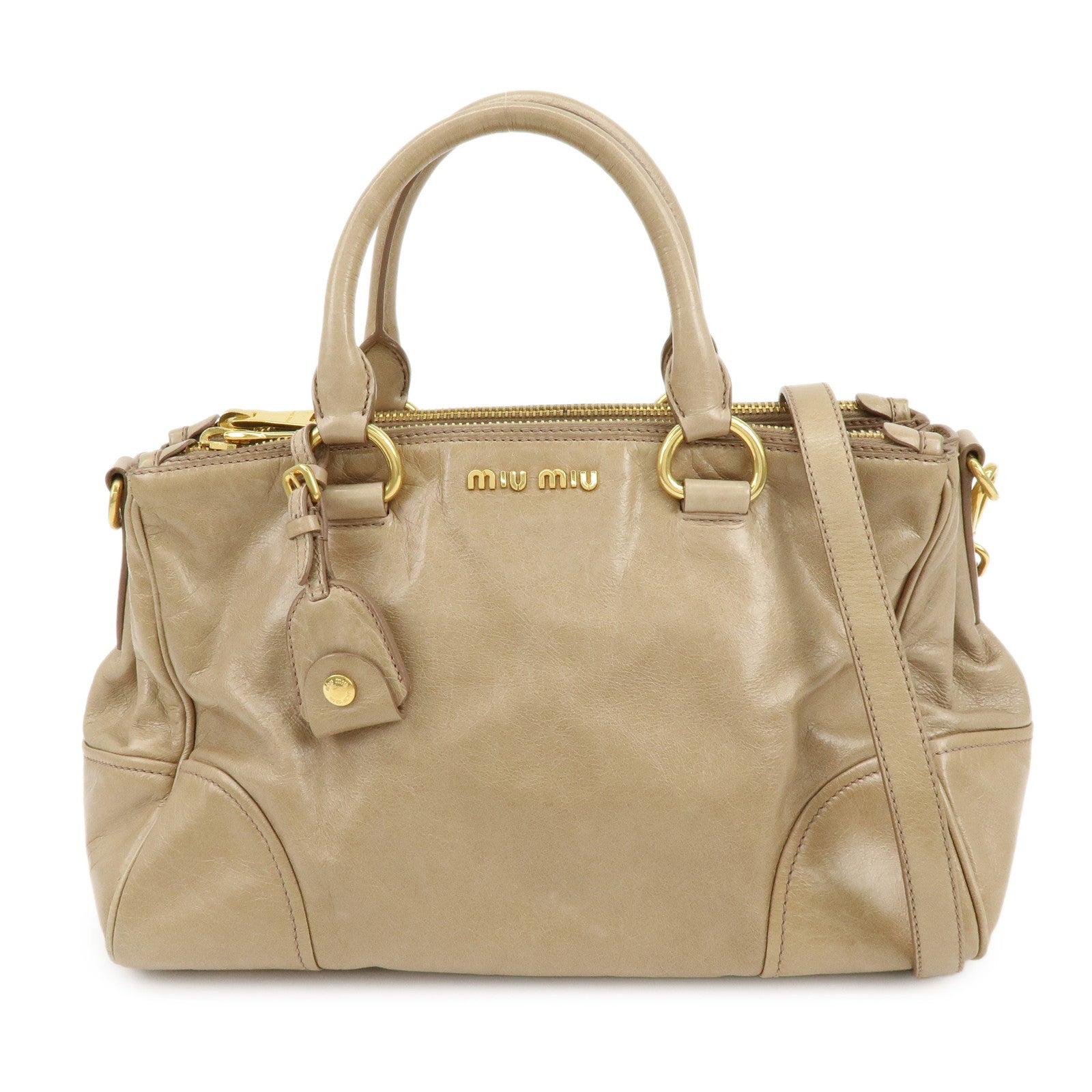 MIU MIU Leather 2Way Bag Hand Bag Shoulder Bag Key Ring Beige RN1127