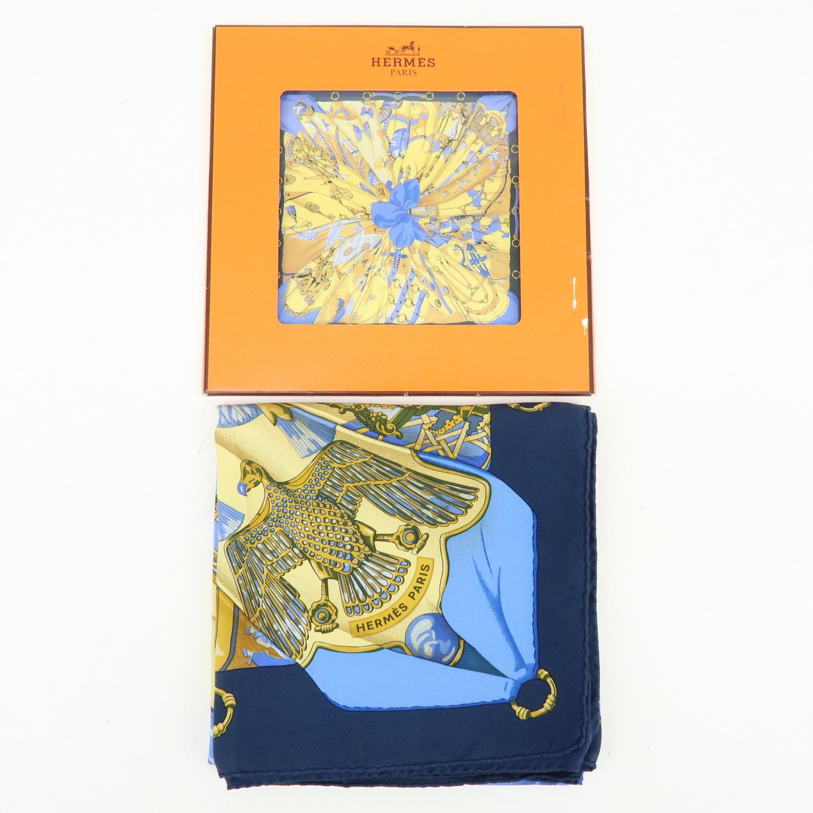 HERMES Carre 90 Silk 100% Scarf Soleil de Soie Blue Navy Yellow