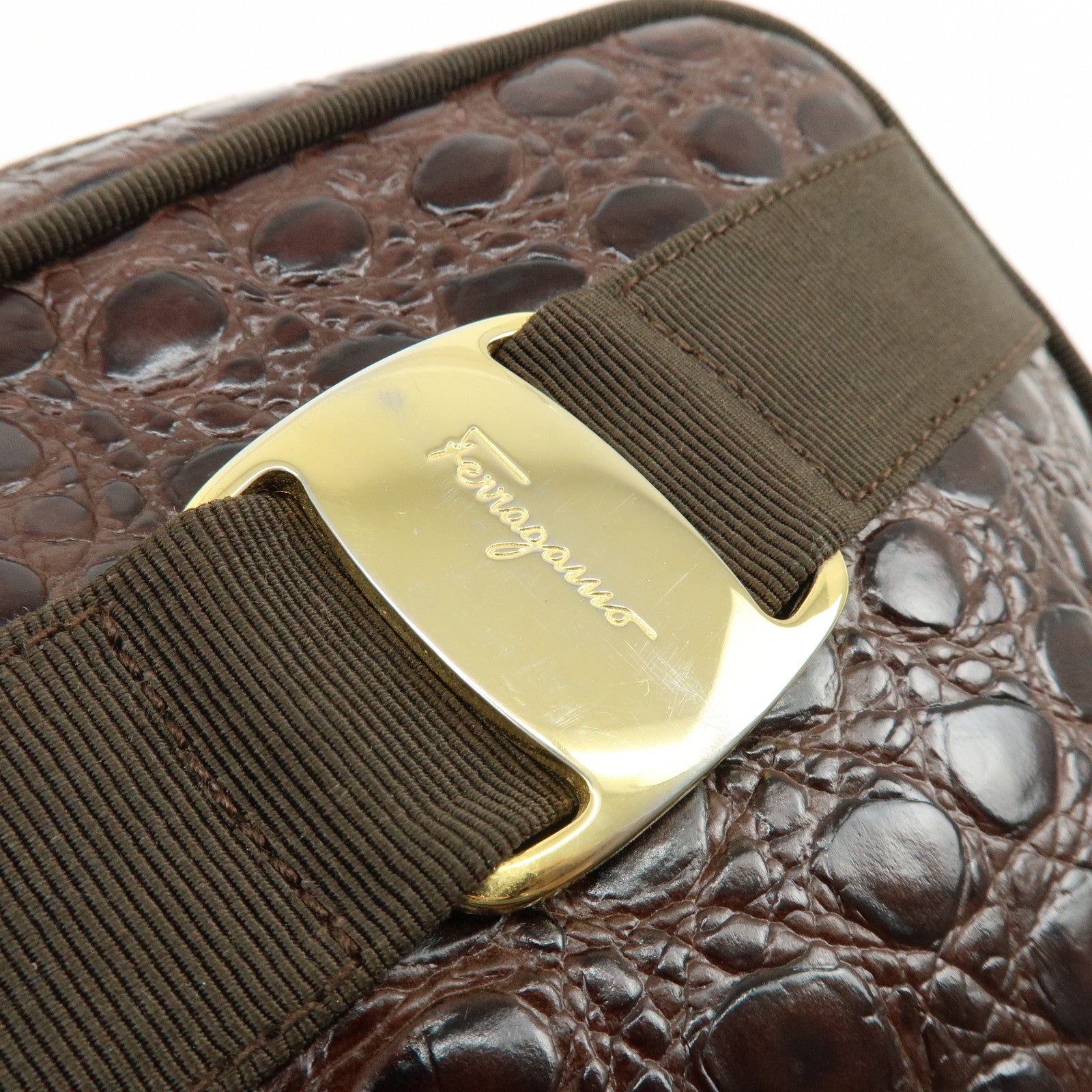Ferragamo Vara Embossed Leather Shoulder Bag Crossbody Bag Brown