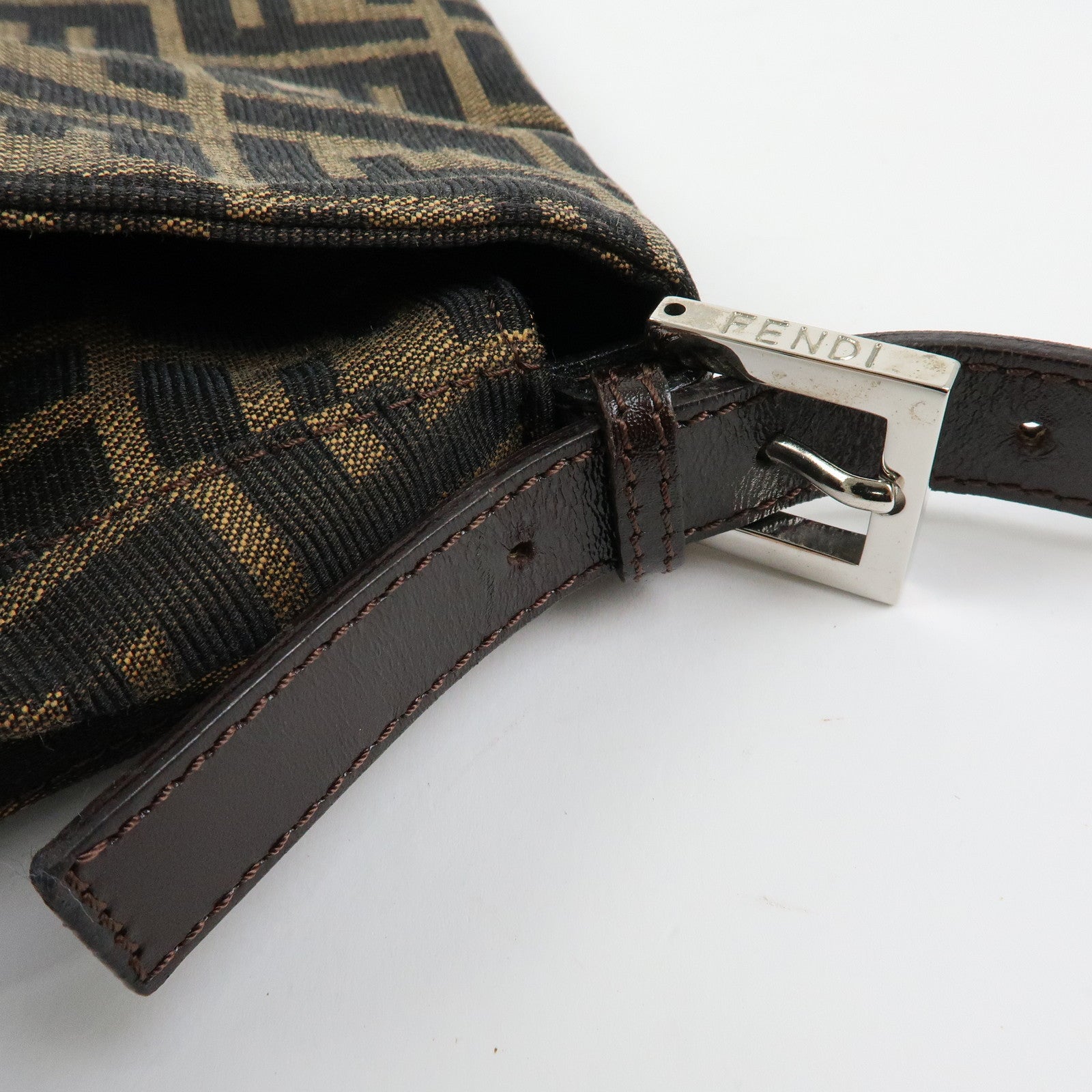 FENDI Mamma Baguette Zucca Canvas Leather Shoulder Bag Brown 26325