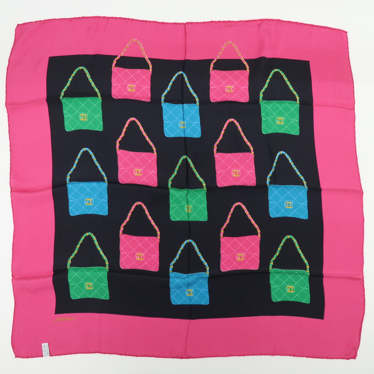 CHANEL Silk 100% Scarf Matelasse Bag Print Black Pink Green Blue