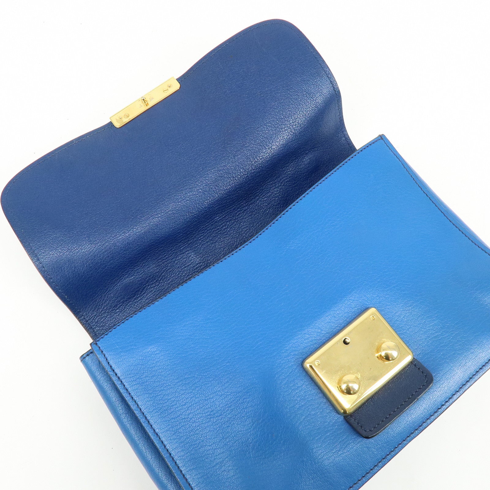 MIU MIU Logo Madras Leather Flap 2Way Bag Hand Bag Blue Navy