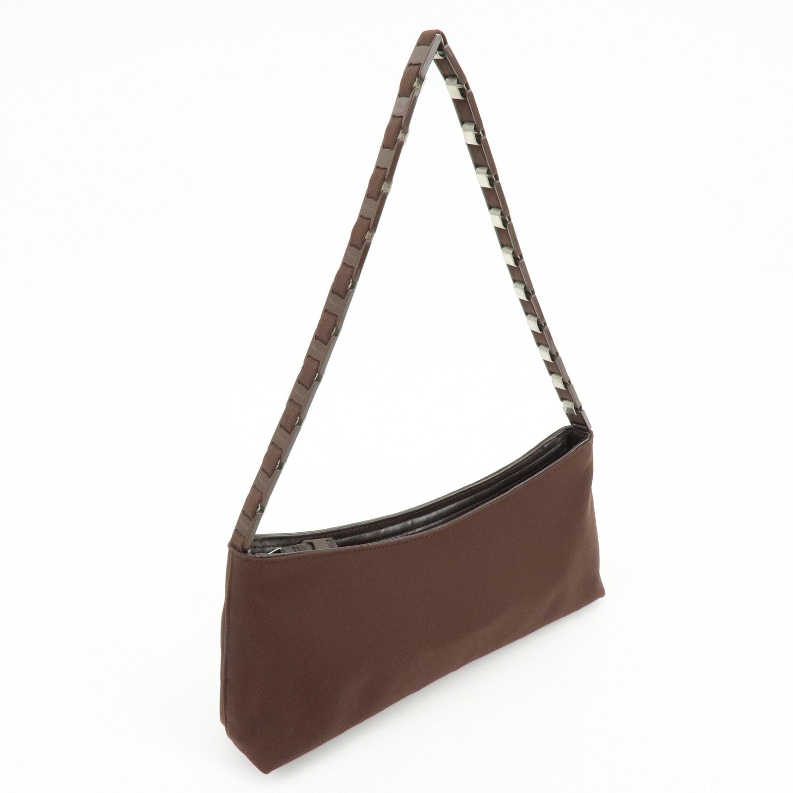 Ferragamo Varra Nylon Leather Chain Shoulder Bag Hand Bag Brown