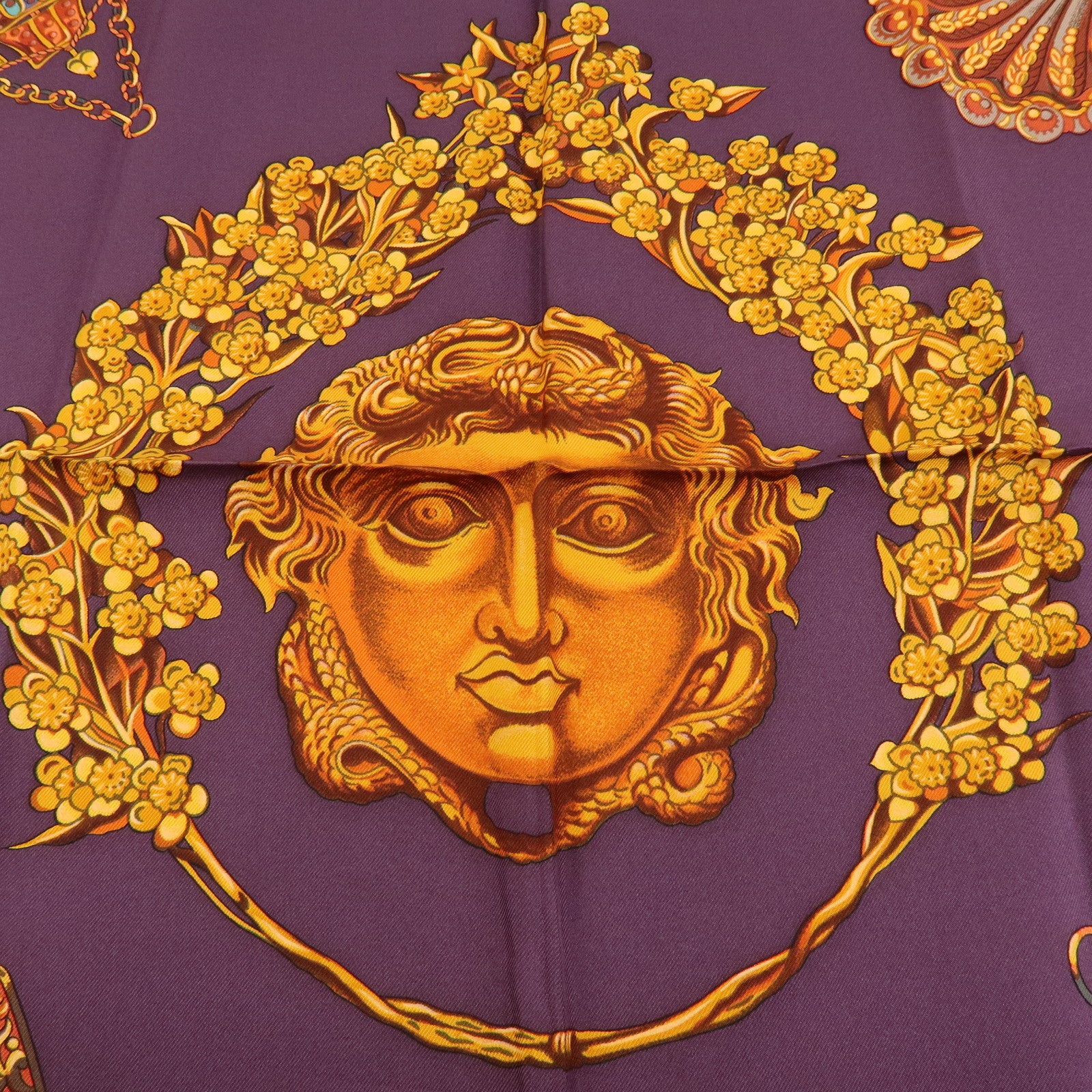 HERMES Carre 90 Silk 100% Scarf KOSMIMA Jewelry Brown Mustard Purple